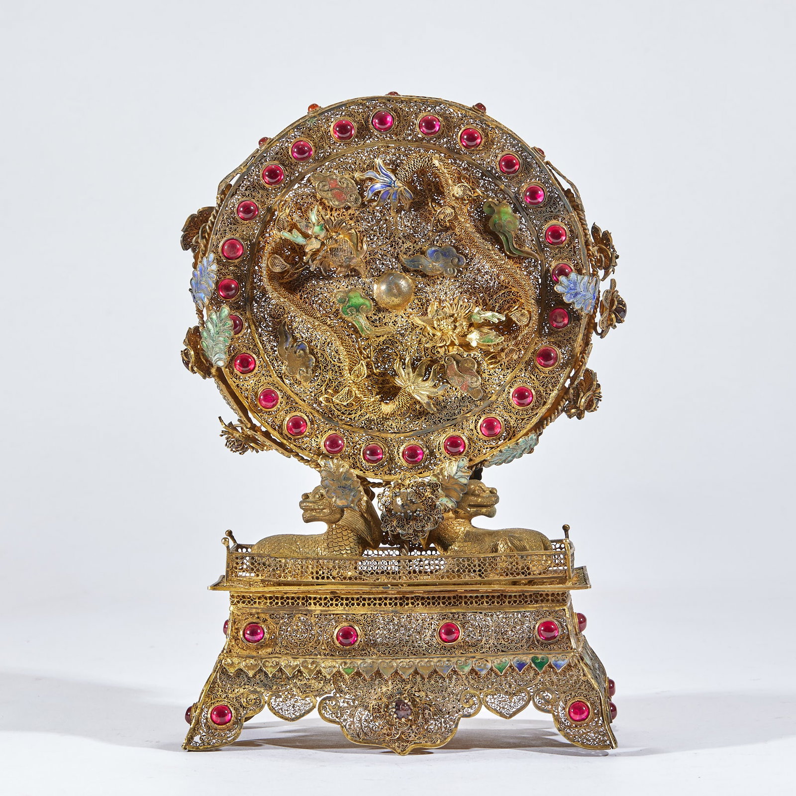 Pure Silver Gilt Ruby-Inlaid Double Dragon Screen - 10