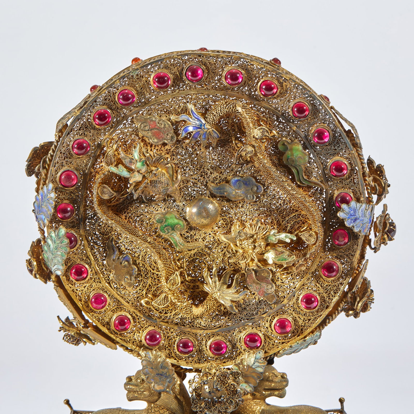 Pure Silver Gilt Ruby-Inlaid Double Dragon Screen - 11