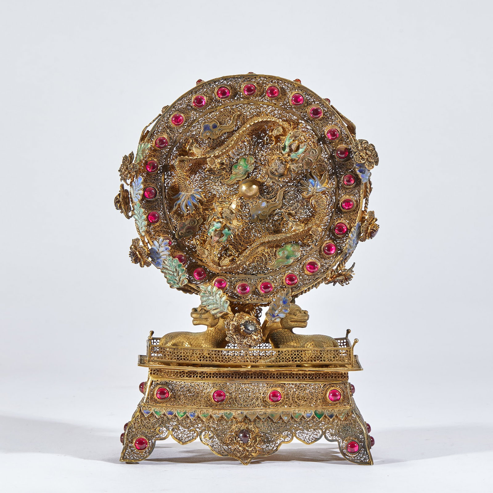 Pure Silver Gilt Ruby-Inlaid Double Dragon Screen: Pure Silver Gilt Ruby Double-dragon Screen, H27cm L17cm W8cm, 1500g