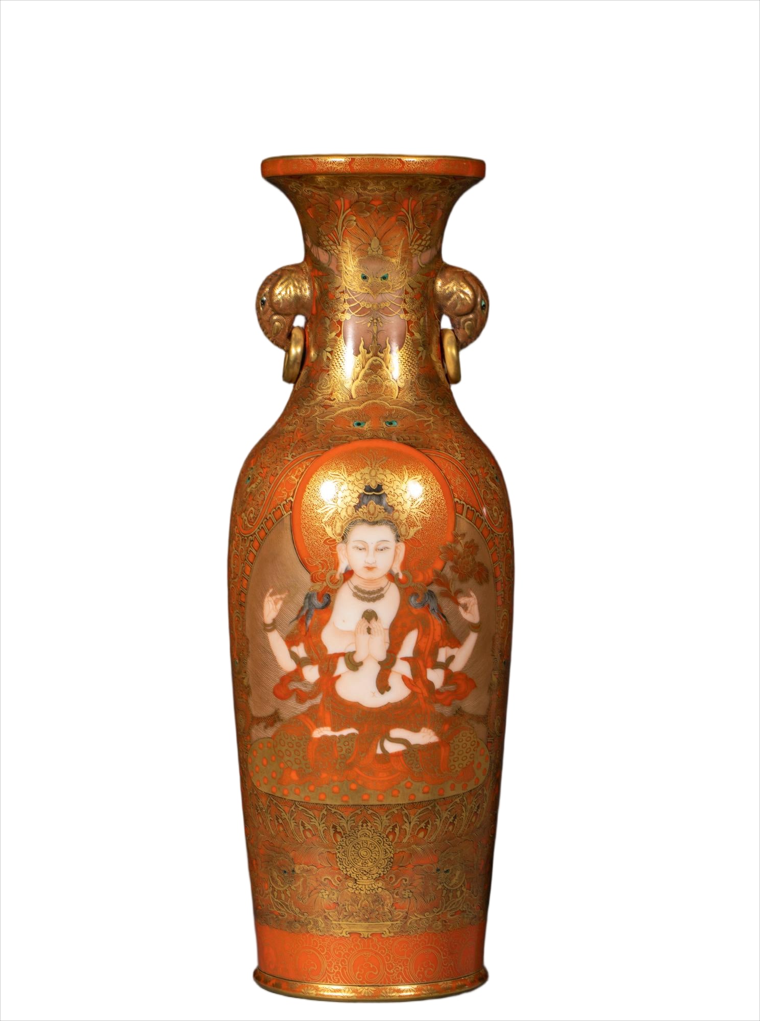 Qianlong Marked Enamel Gold-Traced Guanyin Vase: Qianlong Enamel Gold-traced Guanyin Vase, H41.5cm D12cm