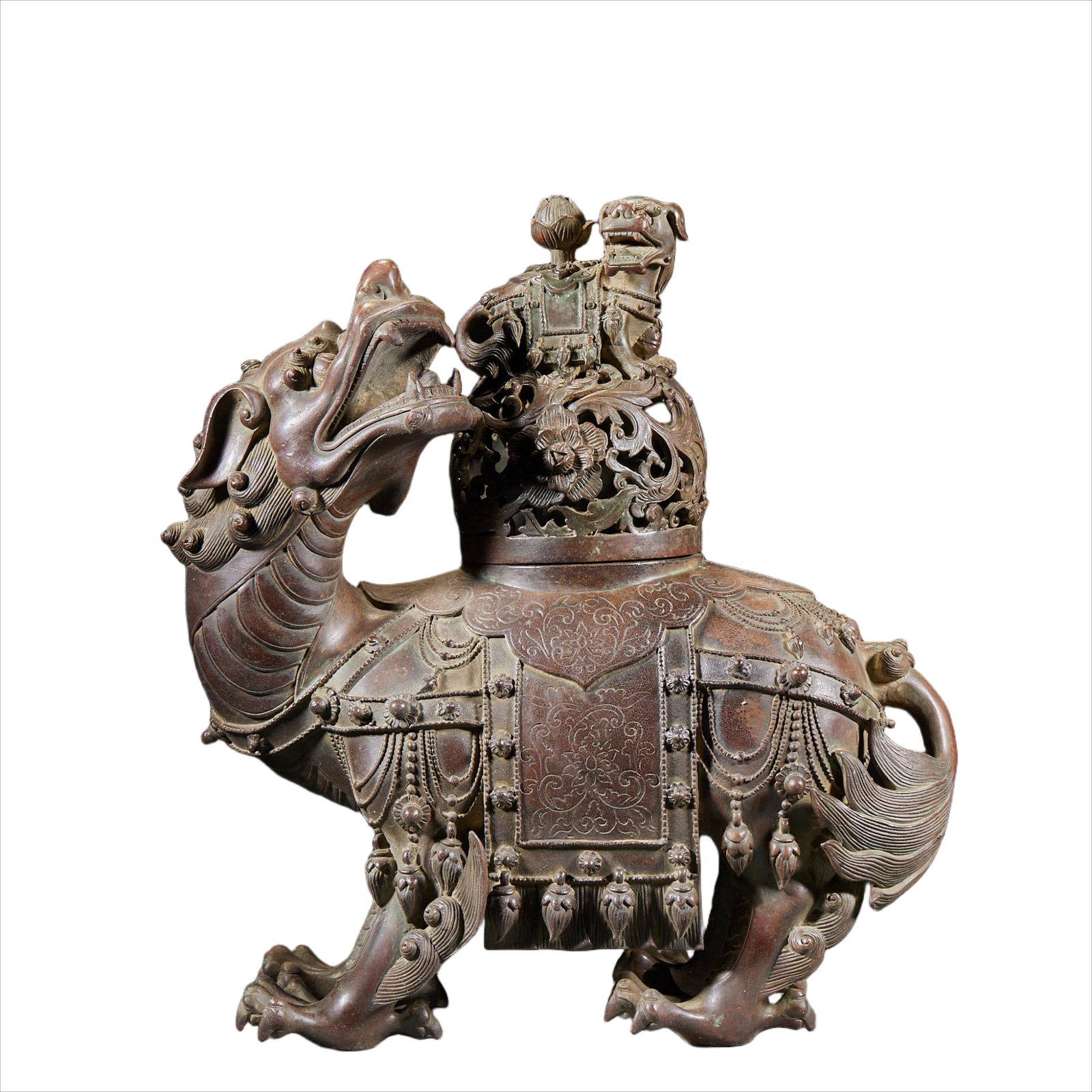 Bronze Lion Censer: Bronze Lion Incense Burner, H29cm L27cm W14cm, 6050g