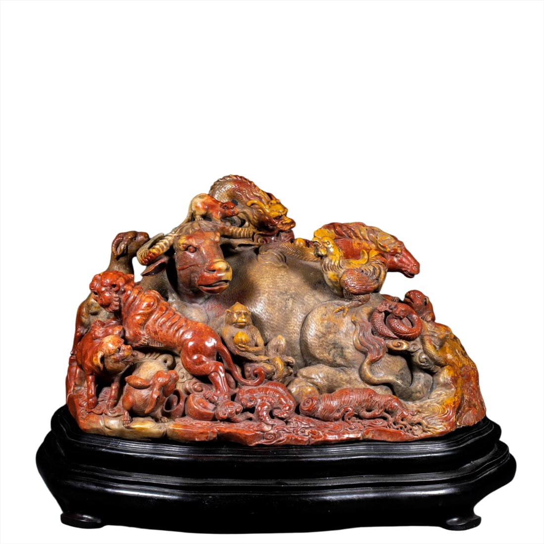 Qing Shoushan Stone Twelve Zodiac Mountain Ornament: Qing Shoushan Stone Twelve Zodiac Ornament, H26cm L45cm W27cm, 309500g