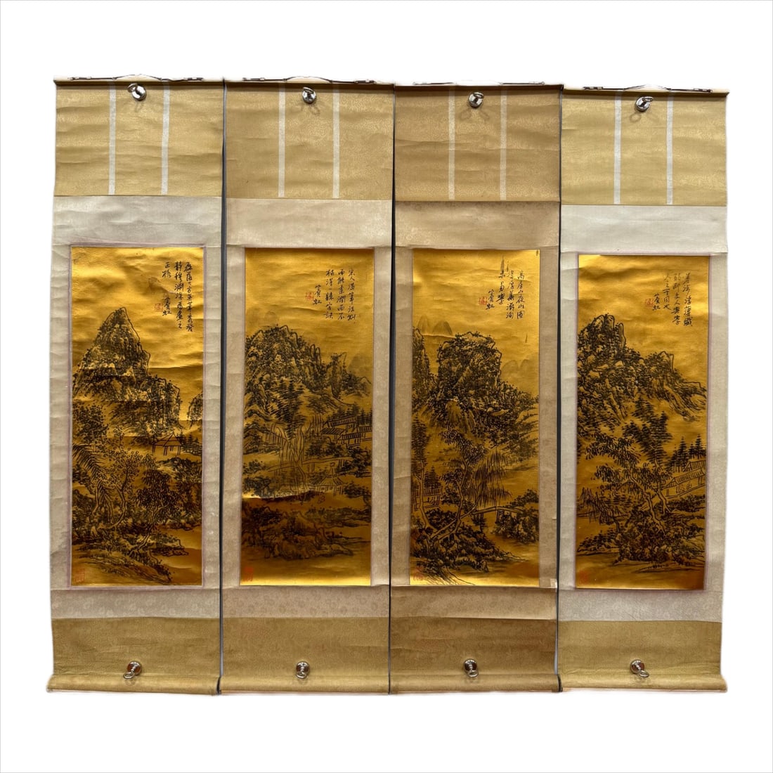 Huang Binhong Gold Paper Landscape Four-Panel Screen: Huang Binhong Gold Paper Four Landscapes, Core H60cm W23cm