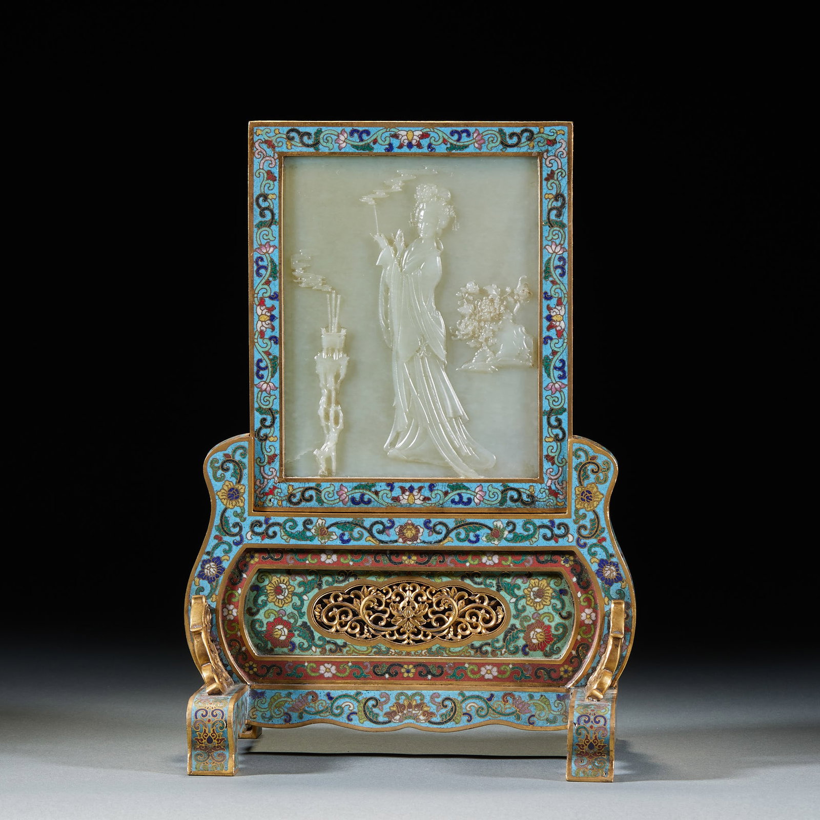 Qianlong Enamel Jade-Inlaid Poem Screen: Qianlong Jade Inlaid Poem Screen, H29cm L18.5cm W14cm, 2190g