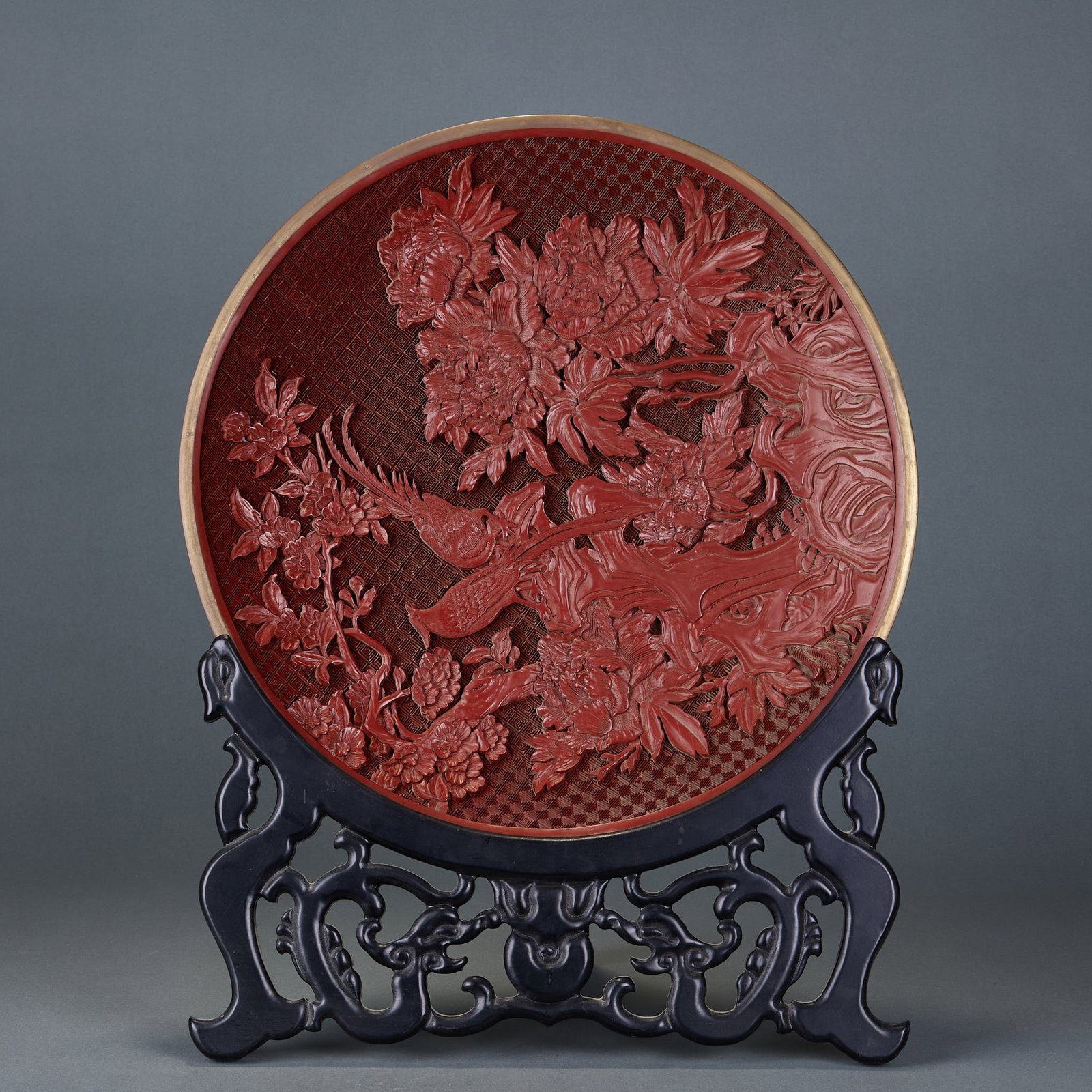 Carved Red Lacquer Relief Flower & Bird Appreciation Plate: Carved Red Lacquer Floral Plate, H6.5cm D41cm, 3800g