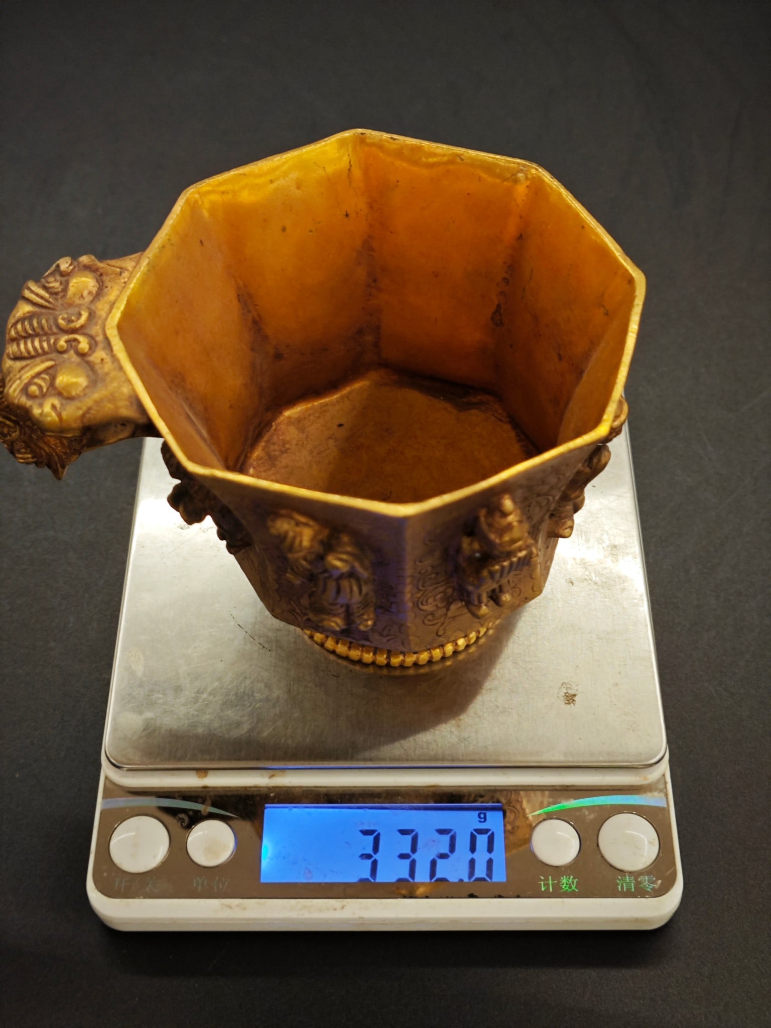Tang Gilt Bronze Figure Pattern Octagonal Cup - 9