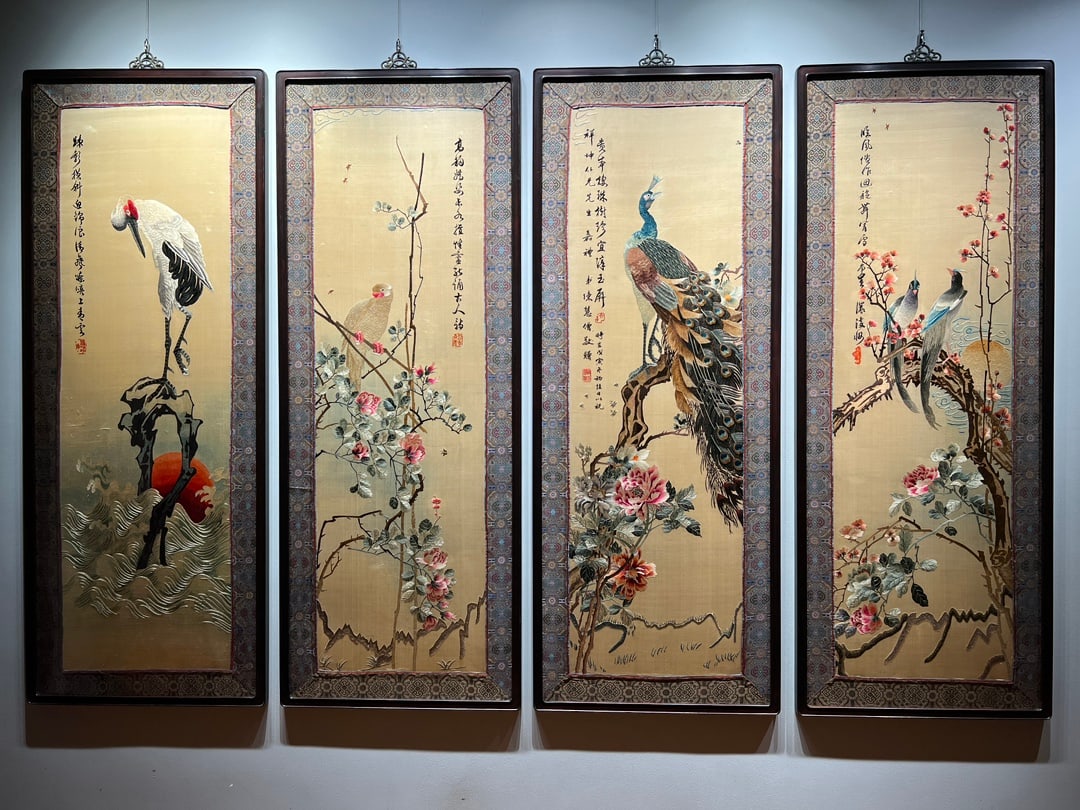 Hunan Embroidery Flower & Bird Poem Set: Hunan Embroidery Floral Poem Set, H167cm W64cm