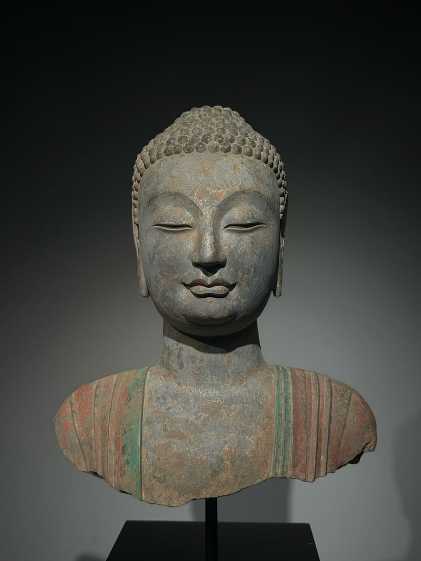 Painted Bluestone Half Bust, Northern Qi, Qingzhou Style: Painted Bluestone Half Bust, Northern Qi, Qingzhou StyleH 62 cm, W 37 cm
