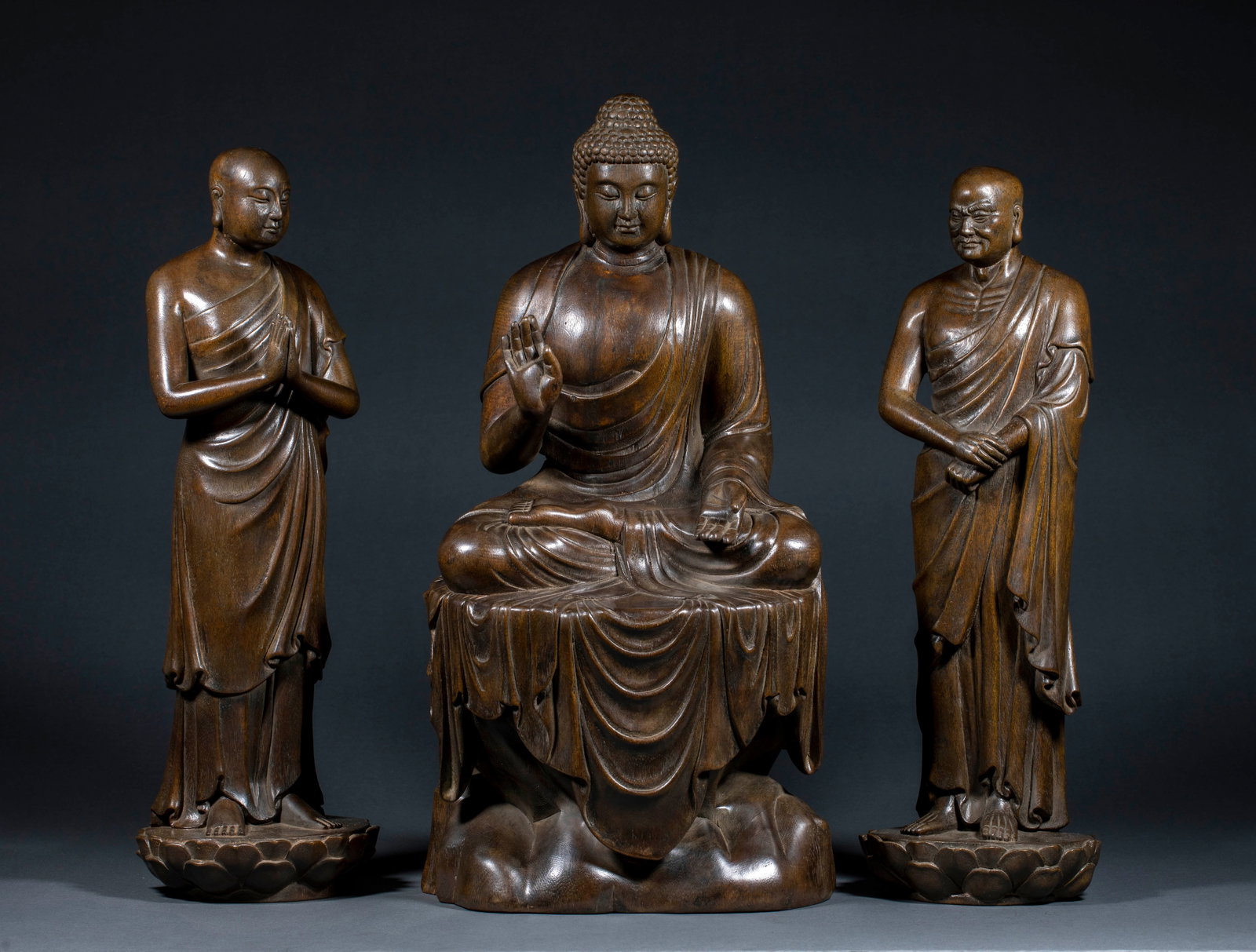 Qing Dynasty Agarwood Sculpture of Shakyamuni Triad: Qing Dynasty Agarwood Sculpture of Shakyamuni TriadH 50 cm, L 25 cm, W 19 cm