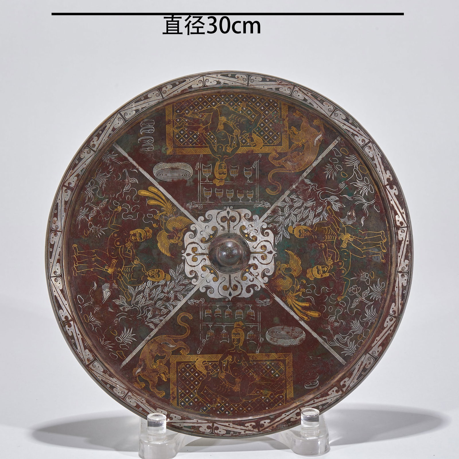 PreMing Bronze Mirror with Gold and Silver Inlay, Narrative Figure Scenes: PreMing Bronze Mirror with Gold and Silver Inlay, Narrative Figure ScenesDiam. 30 cm