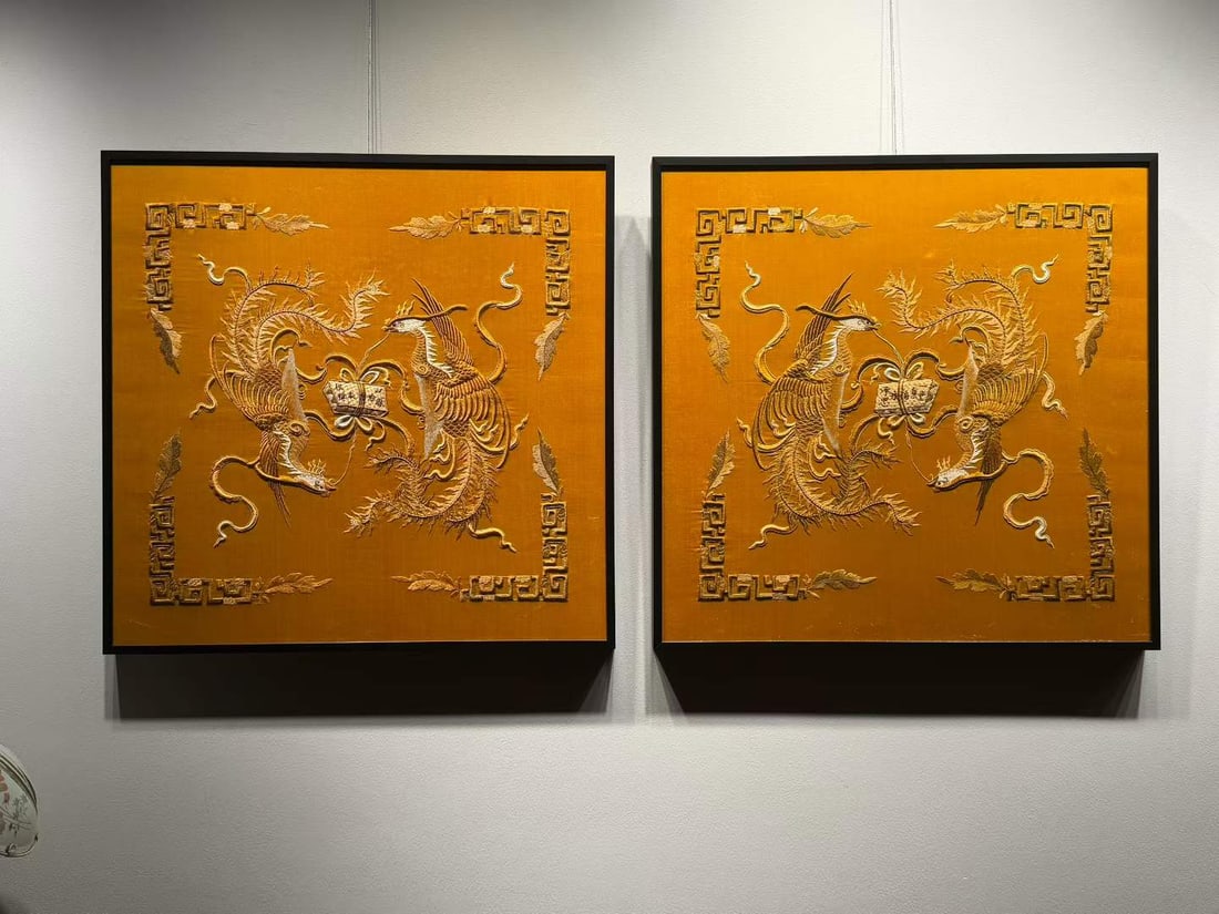Pair of Late Qing to Republican Embroidery Panels Twin Phoenixes Announcing Good Fortune (1 of 5)