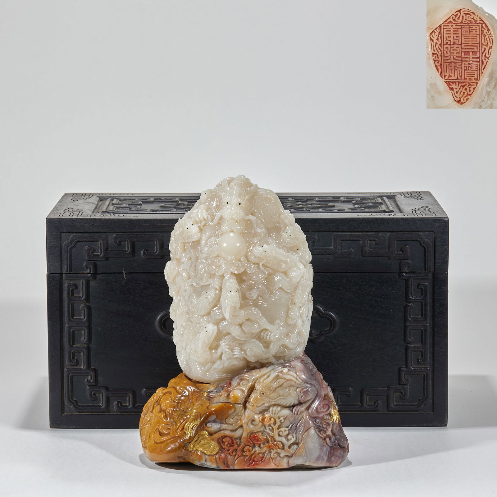 White Tianhuang Stone Dragon Ornament, Marked Made in Kangxi Reign: White Tianhuang Stone Dragon Ornament, Marked Made in Kangxi ReignH 29 cm, L 20 cm, W 18 cm