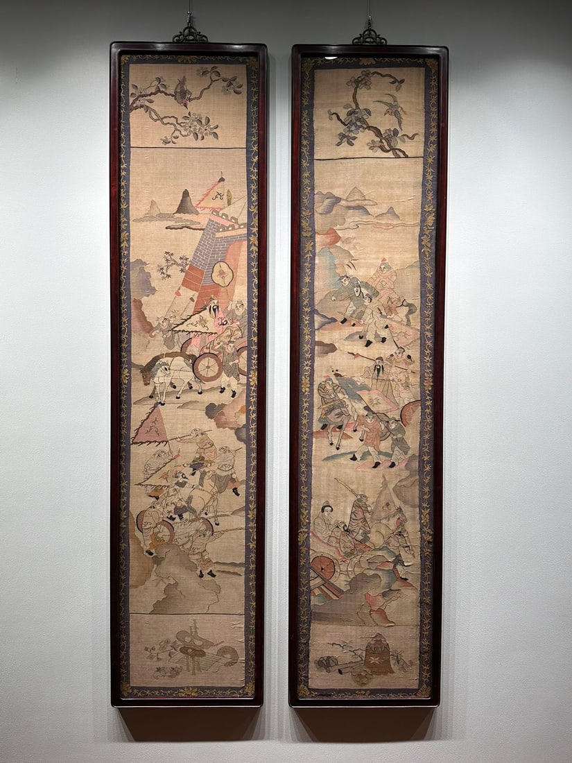 Pair of Qing Dynasty Kesi Silk Panels Romance of the Three Kingdoms: Pair of Qing Dynasty Kesi Silk Panels Romance of the Three KingdomsH 177.5 cm, W 41.5 cm