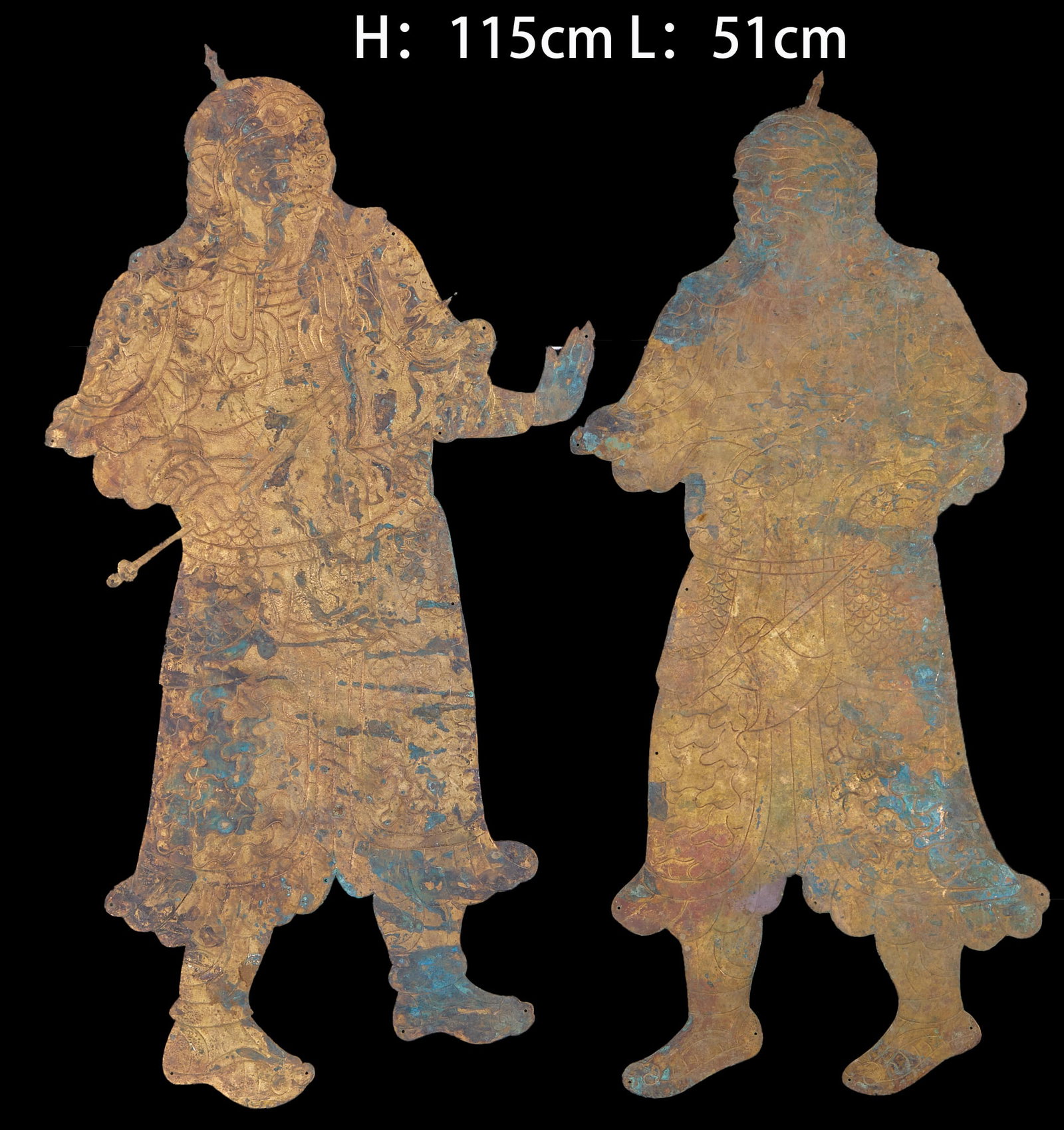 Pair of Gilt Bronze Carved Door God Plaques: Pair of Gilt Bronze Carved Door God PlaquesL 115 cm, W 51 cm