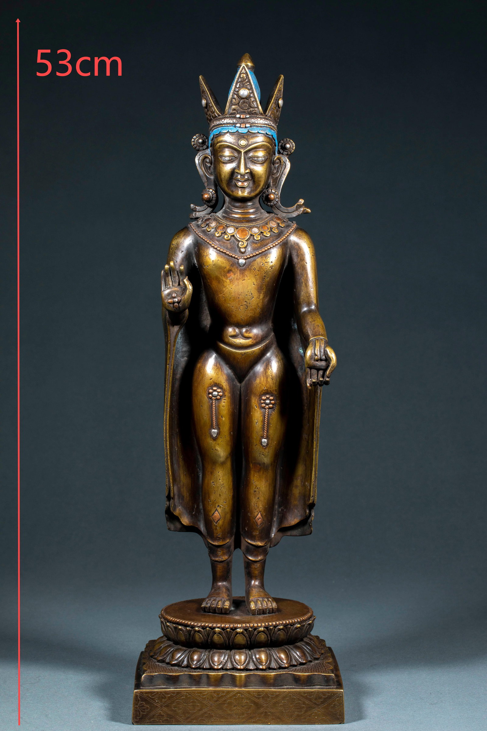 Ming Alloy Bronze Standing Buddha with Royal Crown: Ming Alloy Bronze Standing Buddha with Royal CrownH 53 cm, L 16.5 cm, W 16 cm