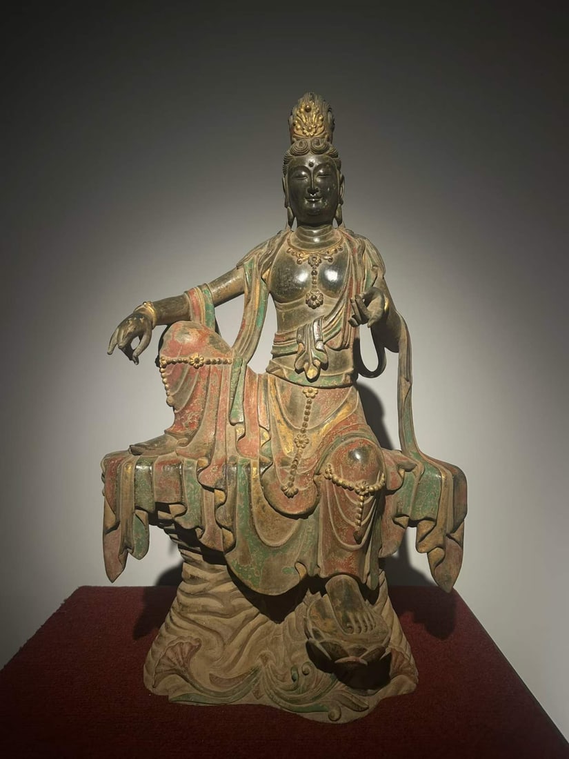 Painted Bluestone Statue of WaterMoon Guanyin: Painted Bluestone Statue of WaterMoon GuanyinH 56 cm, L 35 cm, W 22 cm
