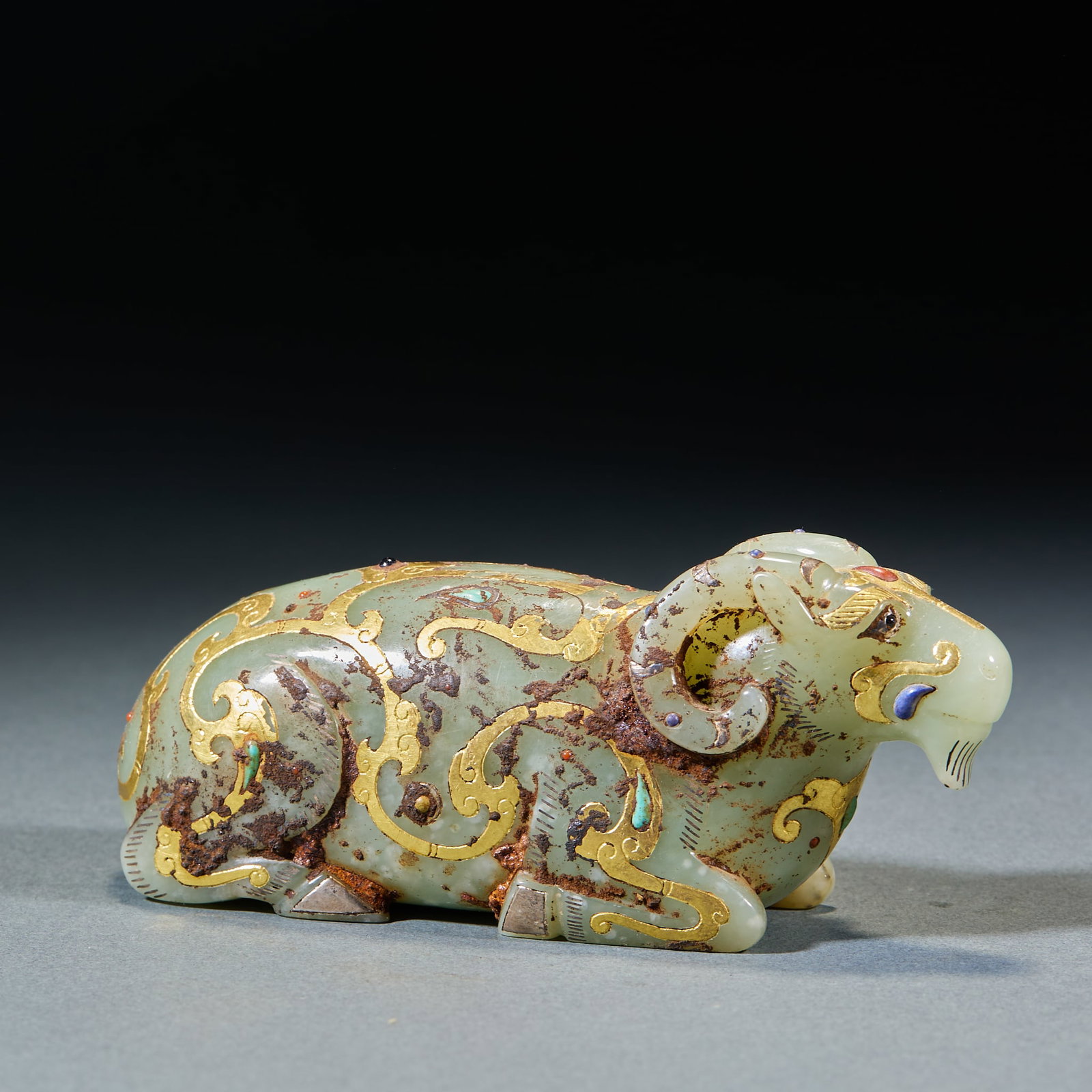 GoldInlaid Jade Ram Ornament: GoldInlaid Jade Ram OrnamentH 5.5 cm, L 13 cm, W 4 cm