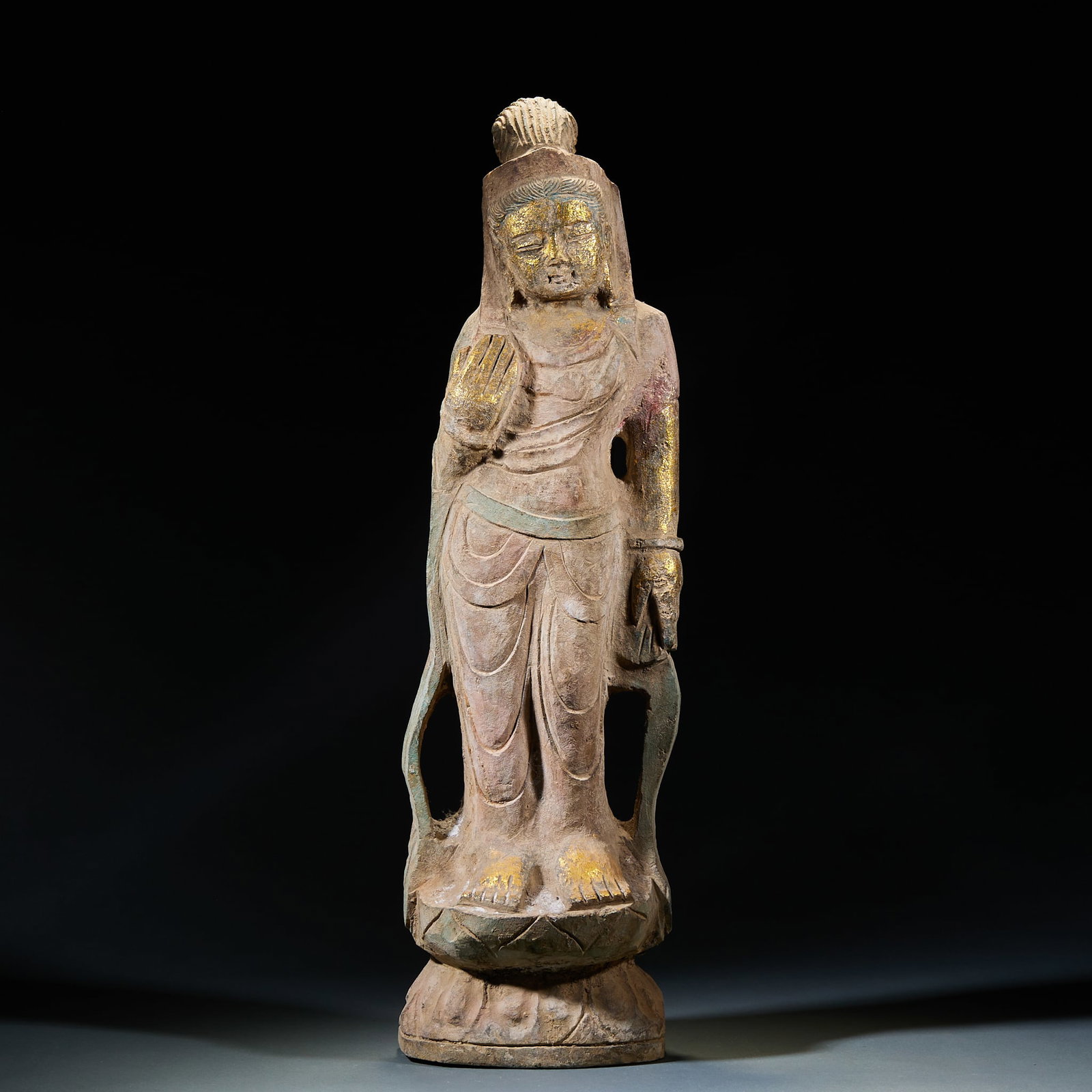 Bluestone Gilded Guanyin Statue, SuiTang Period: Bluestone Gilded Guanyin Statue, SuiTang PeriodH 75 cm, L 20 cm, W 16 cm