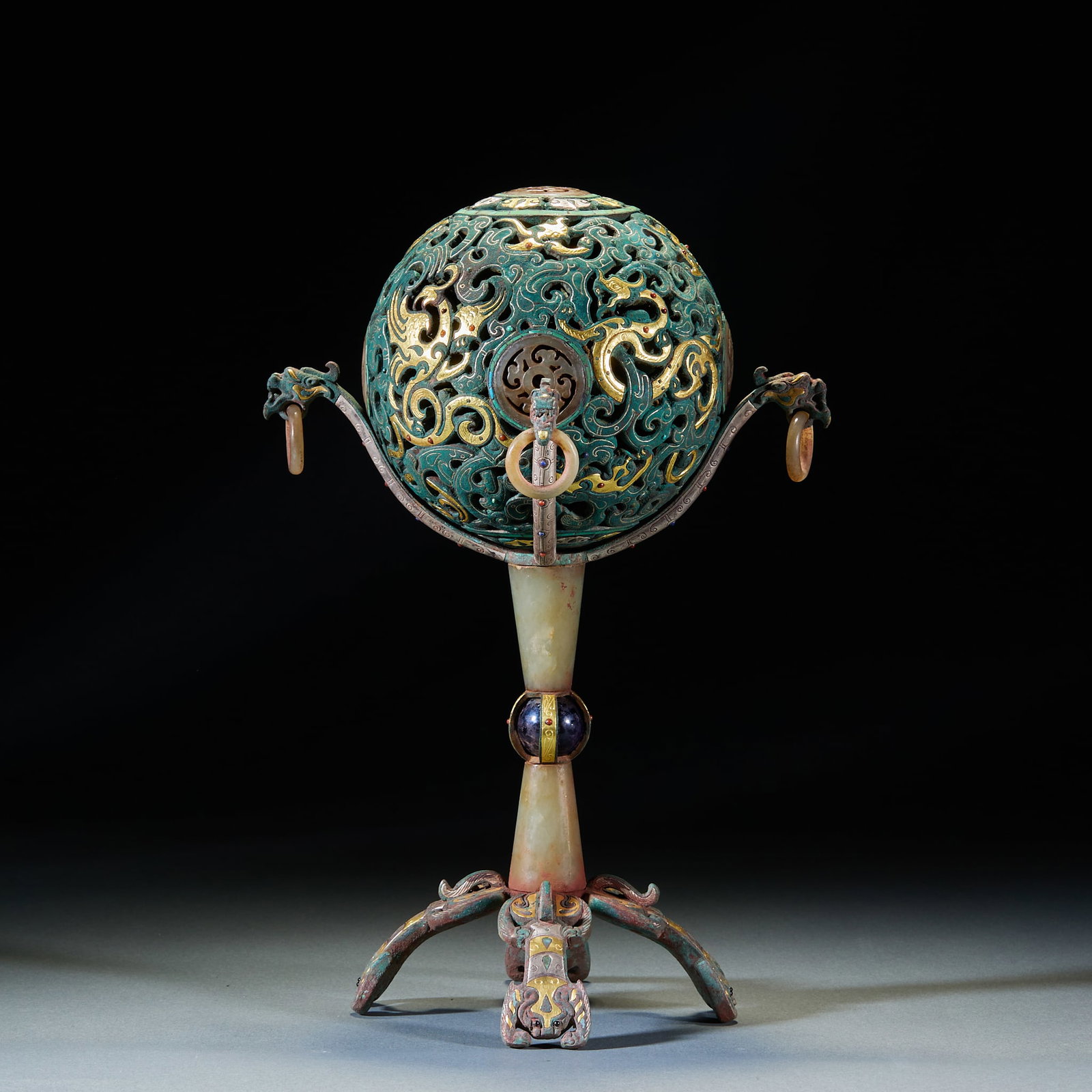 Warring StatesHan Dynasty Ornament with Gold and Silver Inlay, Inlaid High Ancient Jade, Four Divine: Warring StatesHan Dynasty Ornament with Gold and Silver Inlay, Inlaid High Ancient Jade, Four Divine Beast PatternsH 29 cm, Diam. 19 cm