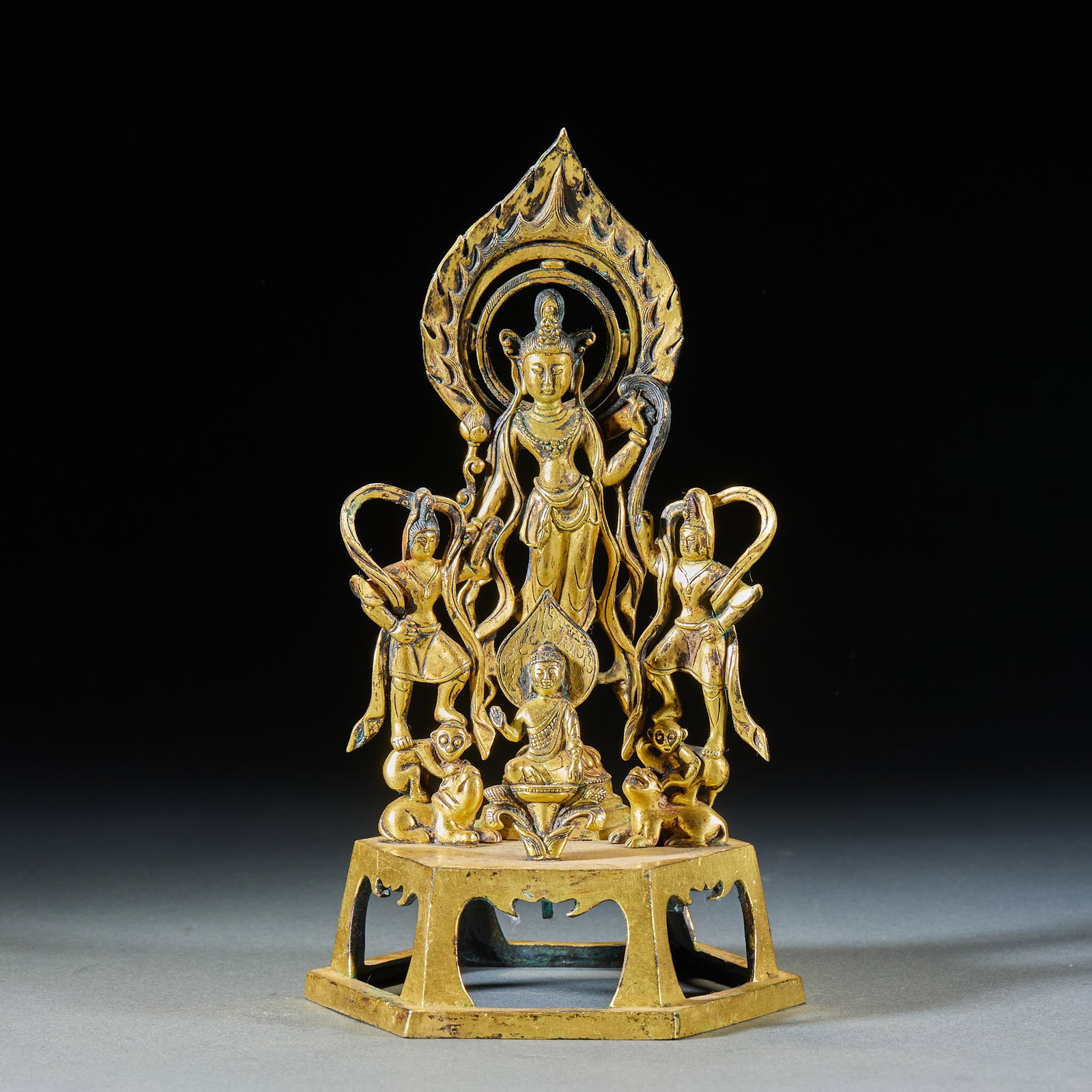 PreMing Assembled Gilt Bronze Standing Buddha Group: PreMing Assembled Gilt Bronze Standing Buddha GroupH 20 cm, L 10 cm, W 10 cm
