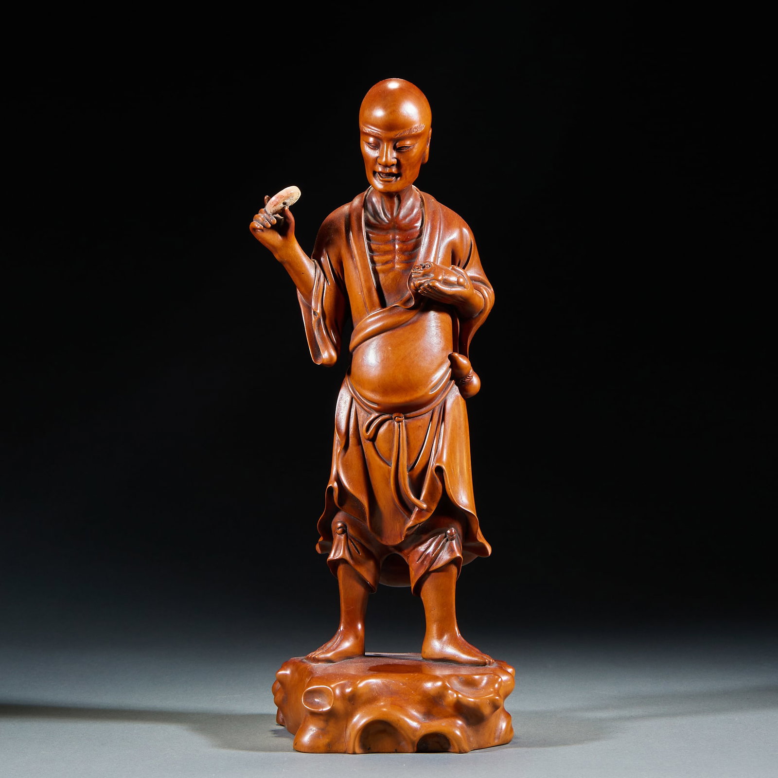 Boxwood Carving of Golden Toad Ruyi Arhat: Boxwood Carving of Golden Toad Ruyi ArhatH 36 cm, L 13 cm, W 13 cm