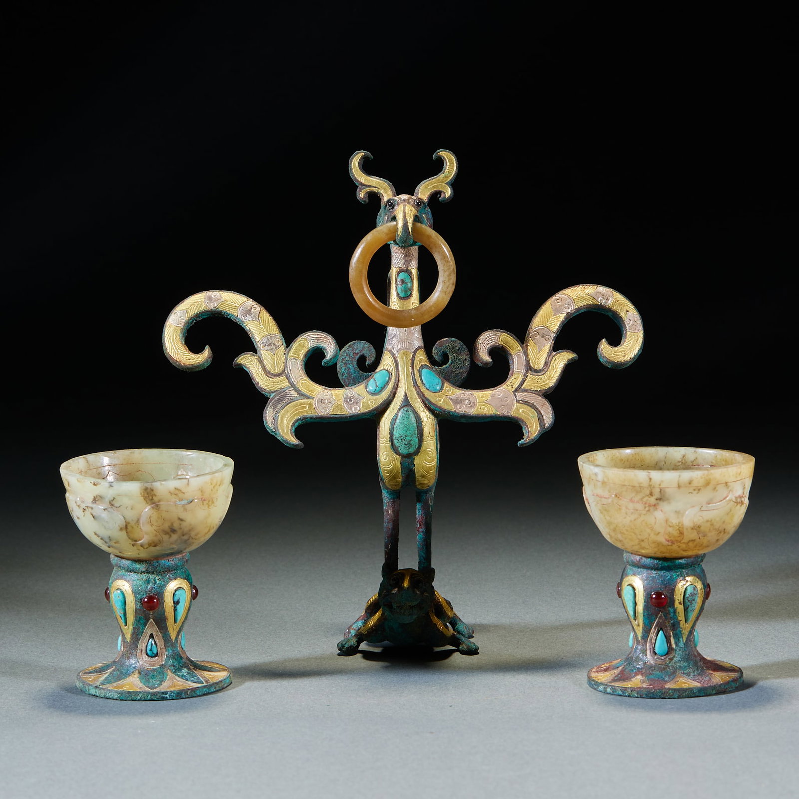 Group of Warring StatesHan Gold and Silver Inlaid Jade Ornaments: Group of Warring StatesHan Gold and Silver Inlaid Jade OrnamentsH 15 cm, L 13.5 cm, W 6 cm