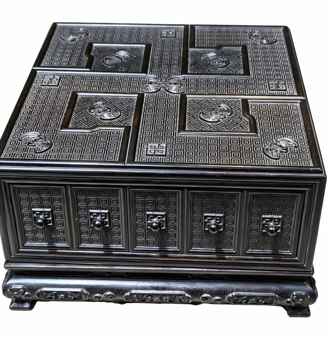 Rotatable MultiDrawer Sandalwood Treasure Chest, Qing Dynasty, AllOver Relief Bat and Interlocking: Rotatable MultiDrawer Sandalwood Treasure Chest, Qing Dynasty, AllOver Relief Bat and Interlocking Spiral Patterns, Marked Yanghe HallH 28 cm, L 17 cm