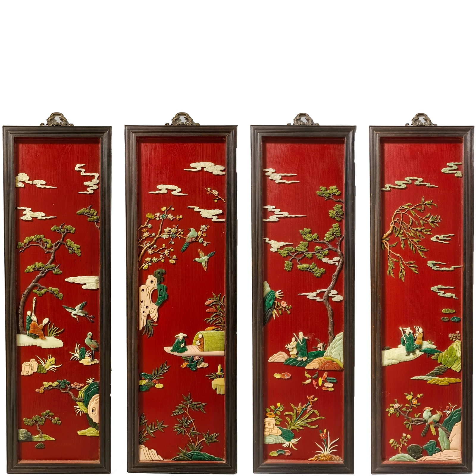 FourPanel Sandalwood Hanging Screen Inlaid with Jade Flower, Bird and Figure Scenes: FourPanel Sandalwood Hanging Screen Inlaid with Jade Flower, Bird and Figure ScenesL 110 cm, W 35 cm