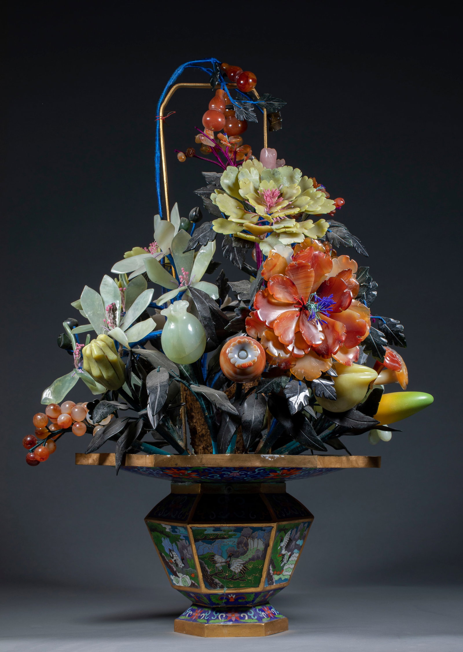 Enamel Flower Basket Bonsai, Motifs of Blooming Riches & Multiple Sons and Blessings: Enamel Flower Basket Bonsai, Motifs of Blooming Riches & Multiple Sons and BlessingsH 73 cm, L 42 cm, W 41 cm