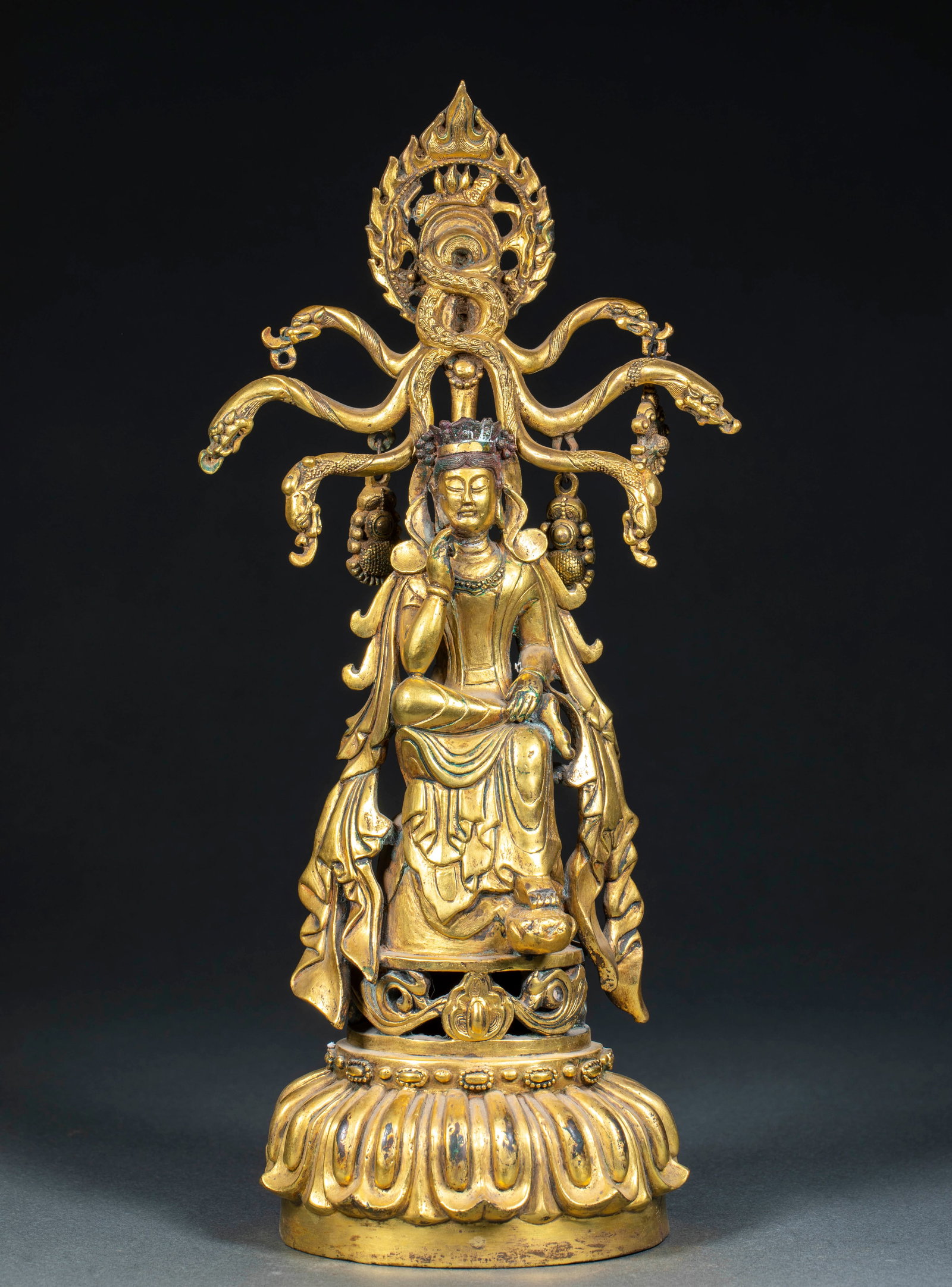 PreMing Gilt Bronze Guanyin Buddha Statue: PreMing Gilt Bronze Guanyin Buddha StatueH 34 cm, L 16 cm, W 12 cm