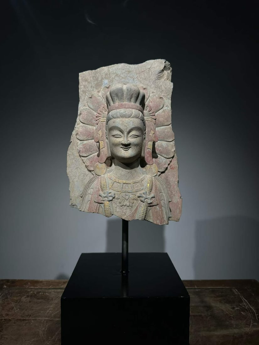 Painted Bluestone HalfBust Guanyin, Northern Wei Dynasty: Painted Bluestone HalfBust Guanyin, Northern Wei DynastyH 55 cm, W 24 cm