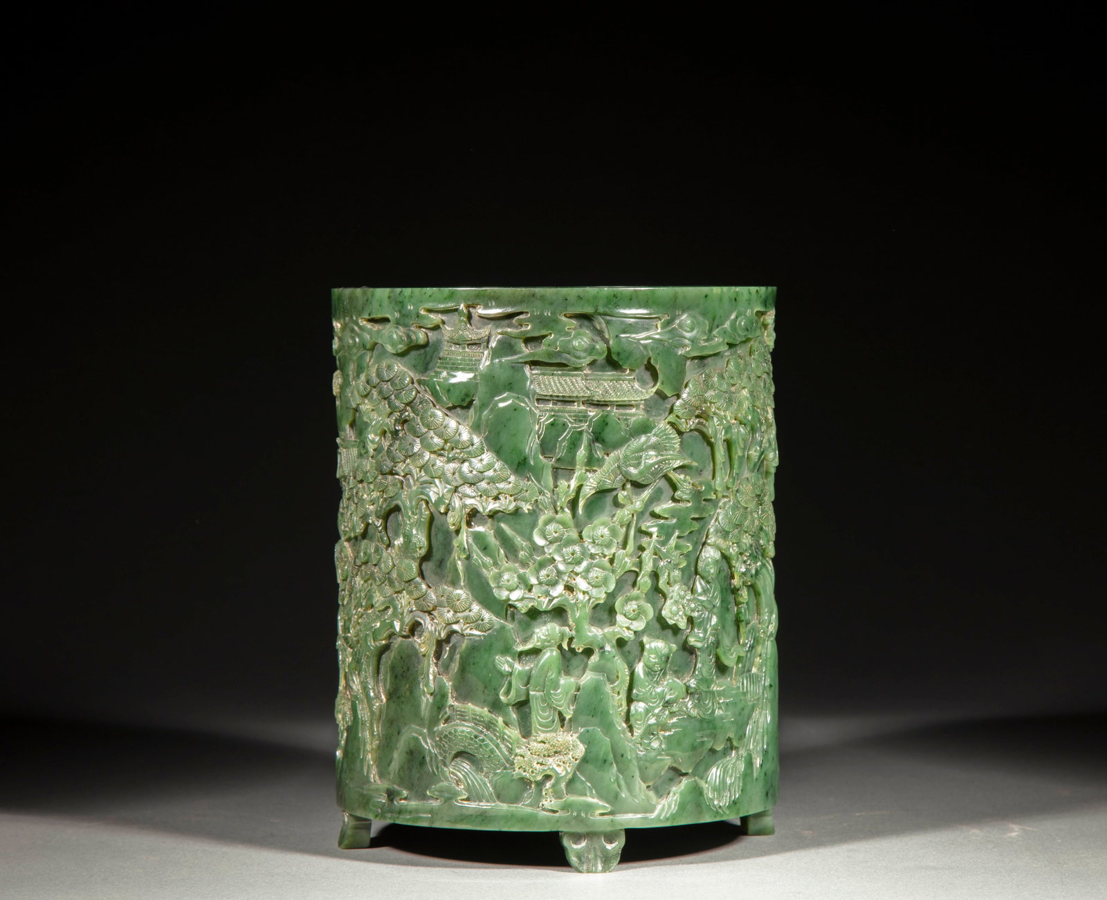 Hetian Jasper Brush Pot Carved with Figures and Pavilions: Hetian Jasper Brush Pot Carved with Figures and PavilionsH 21 cm, Diam. 17 cm