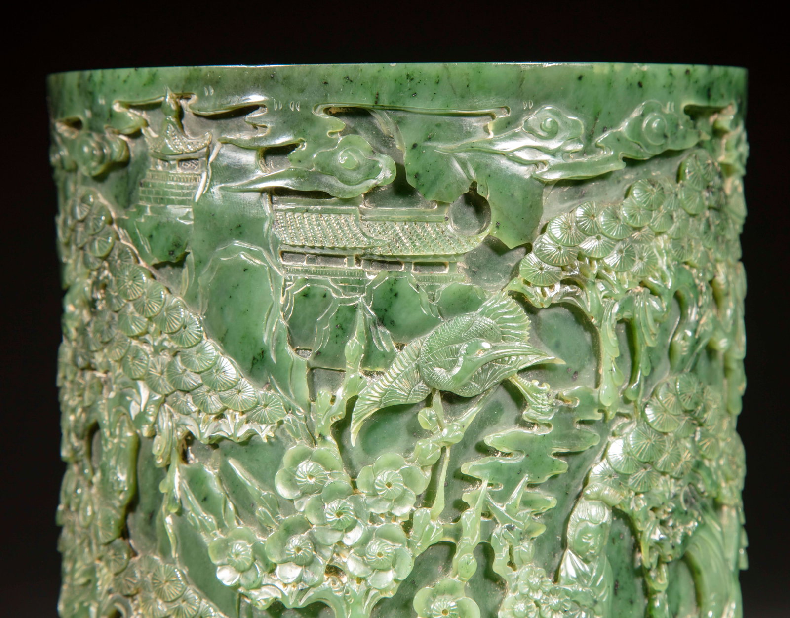 Hetian Jasper Brush Pot Carved with Figures and Pavilions - 2