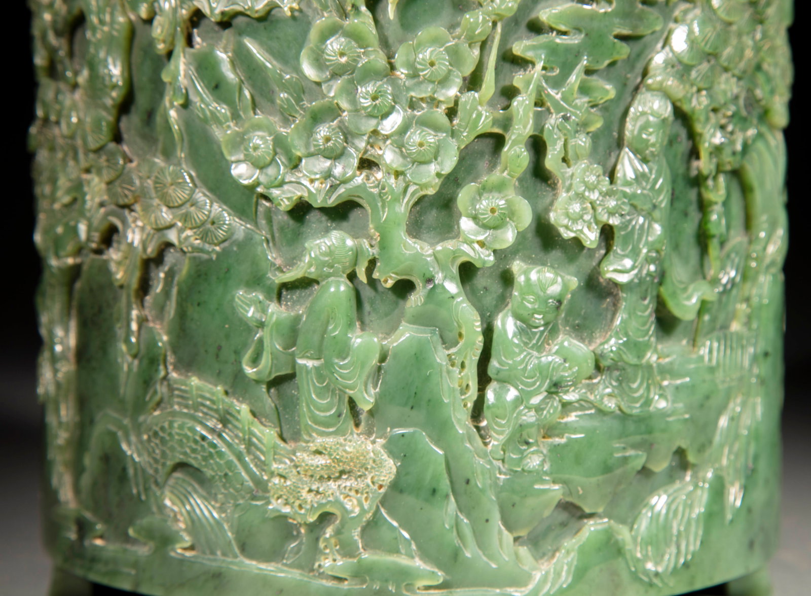 Hetian Jasper Brush Pot Carved with Figures and Pavilions - 3