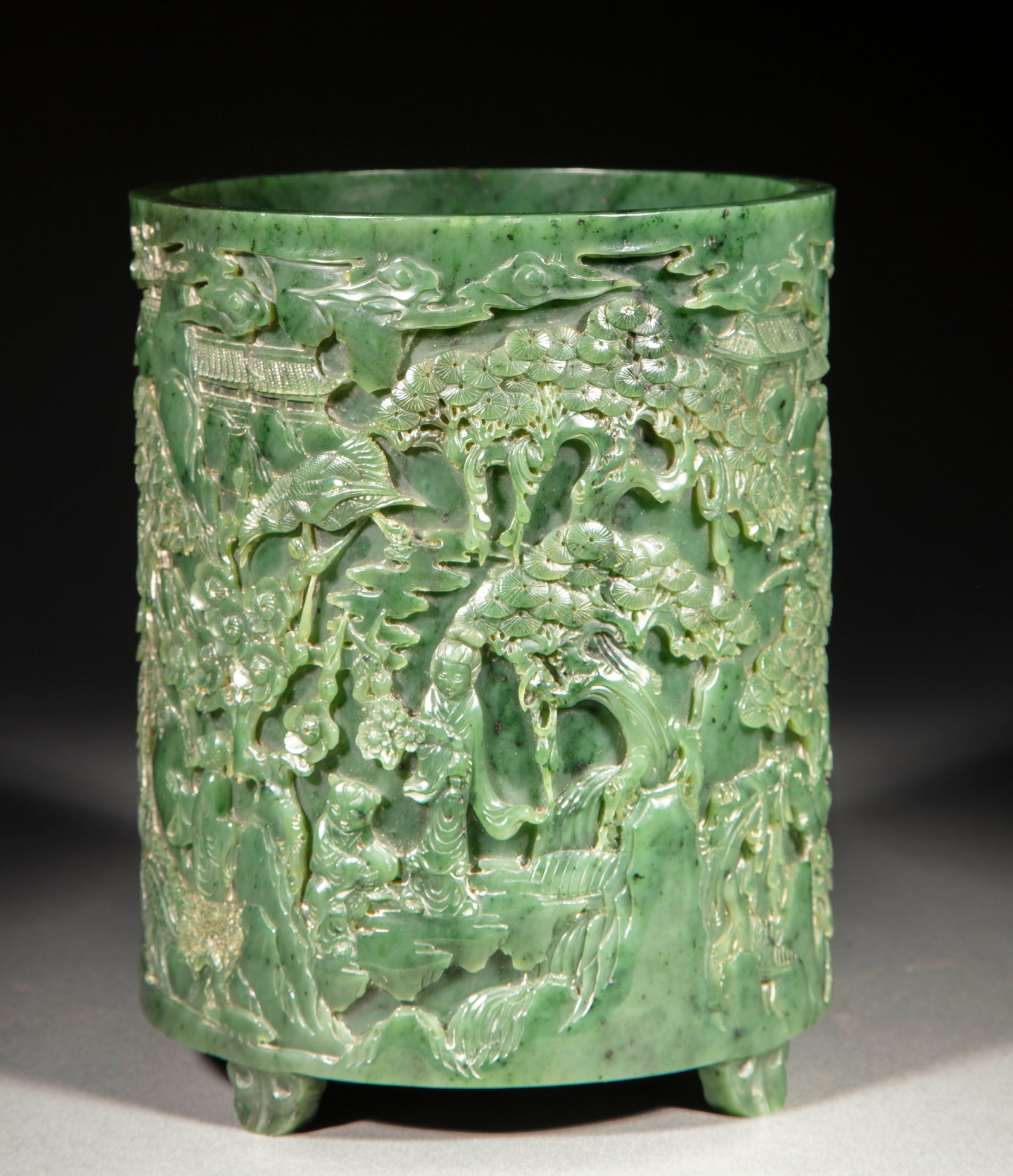 Hetian Jasper Brush Pot Carved with Figures and Pavilions - 4