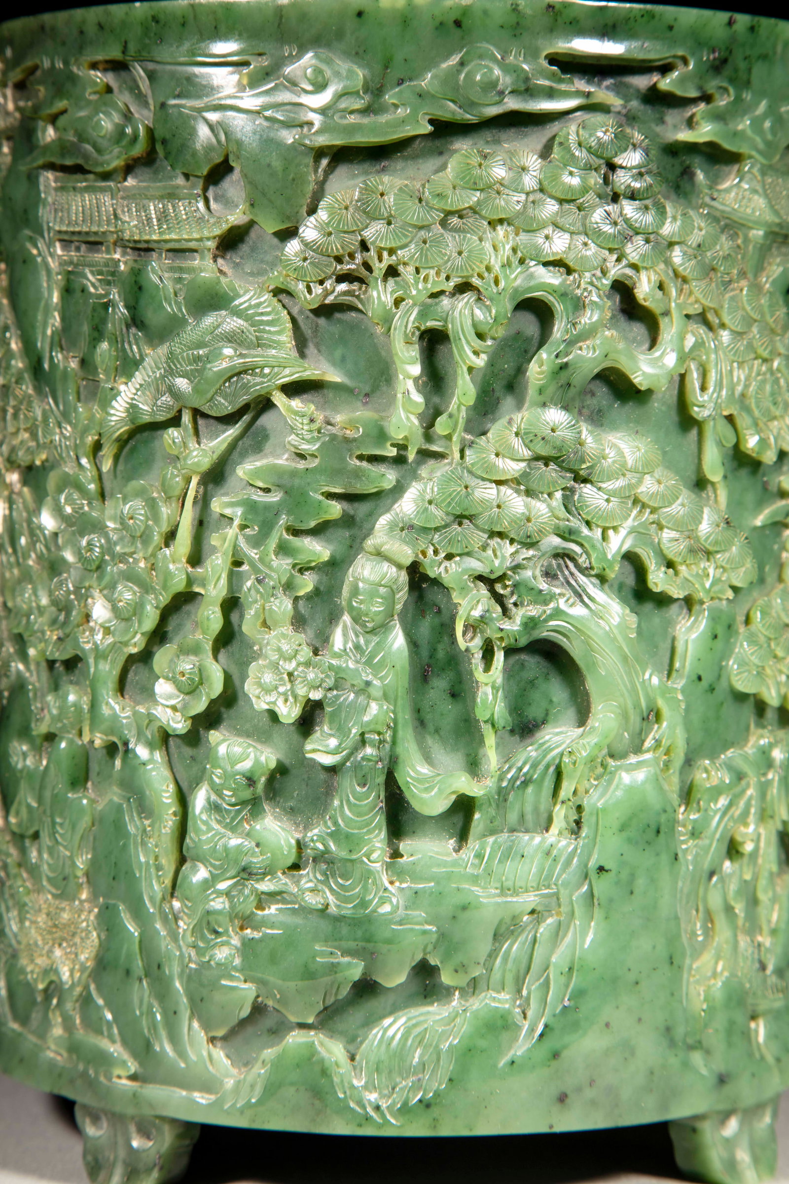 Hetian Jasper Brush Pot Carved with Figures and Pavilions - 5