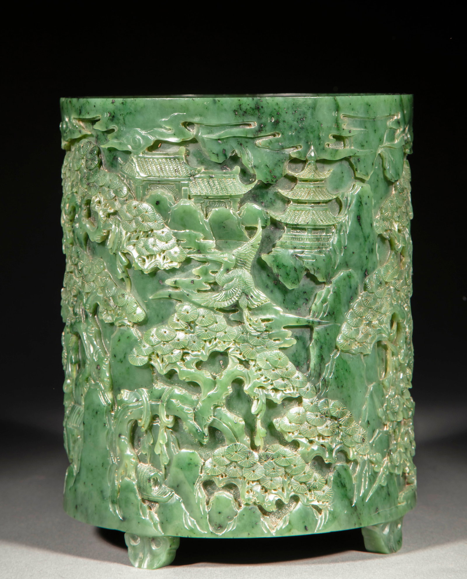 Hetian Jasper Brush Pot Carved with Figures and Pavilions - 6