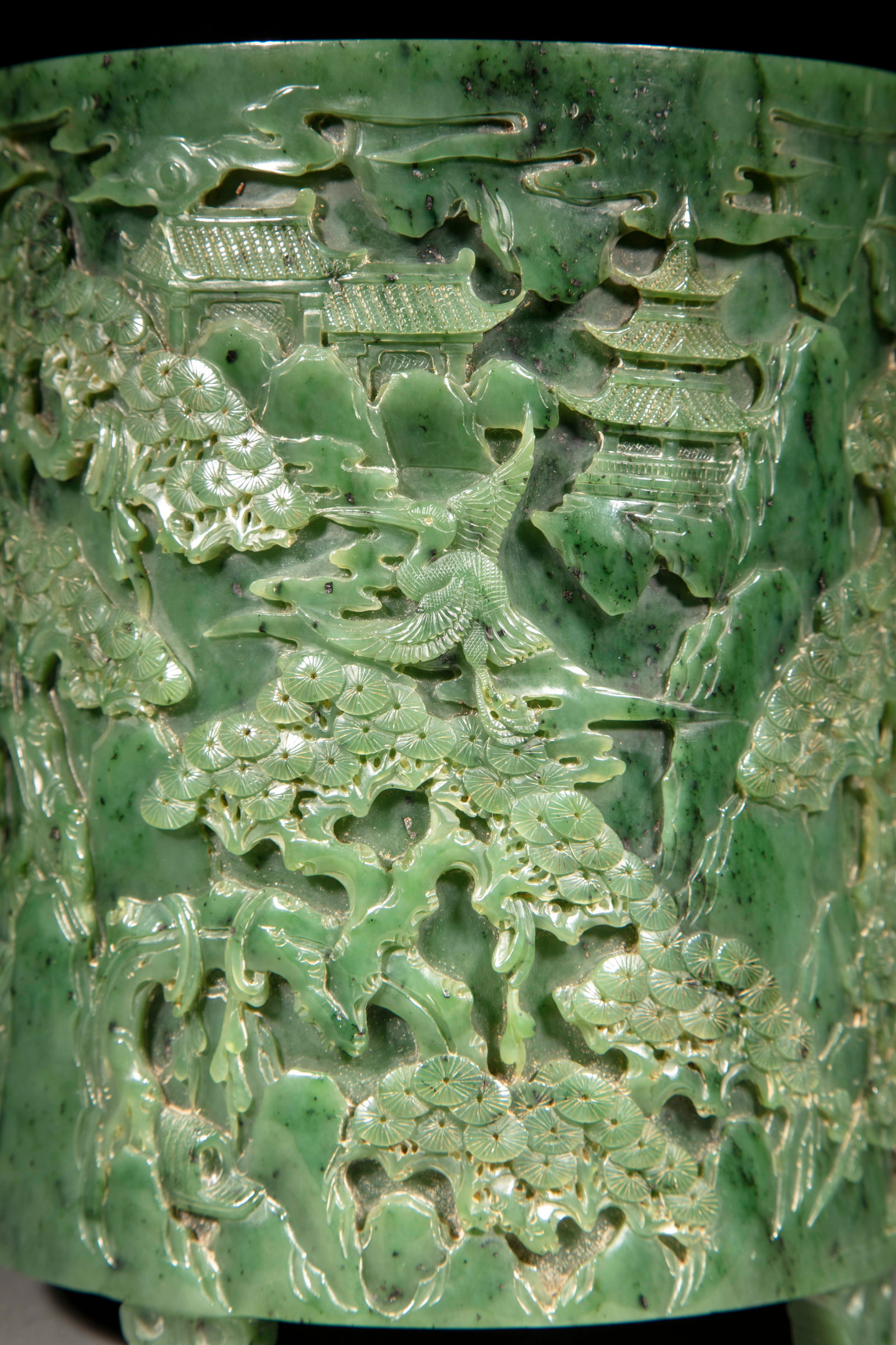 Hetian Jasper Brush Pot Carved with Figures and Pavilions - 7