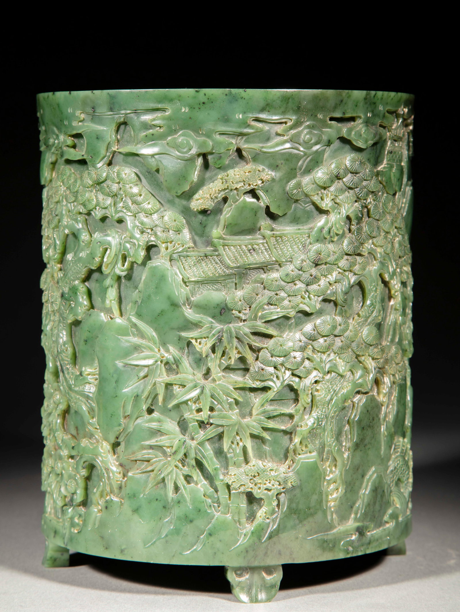 Hetian Jasper Brush Pot Carved with Figures and Pavilions - 8