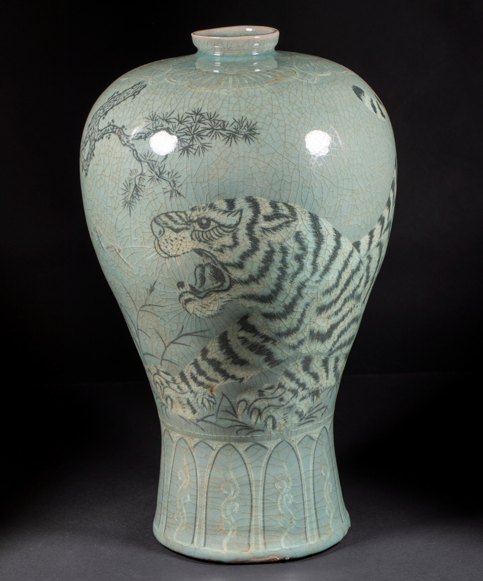 Korean Goryeo Celadon Meiping Vase with Ferocious Tiger Motif (1 of 10)
