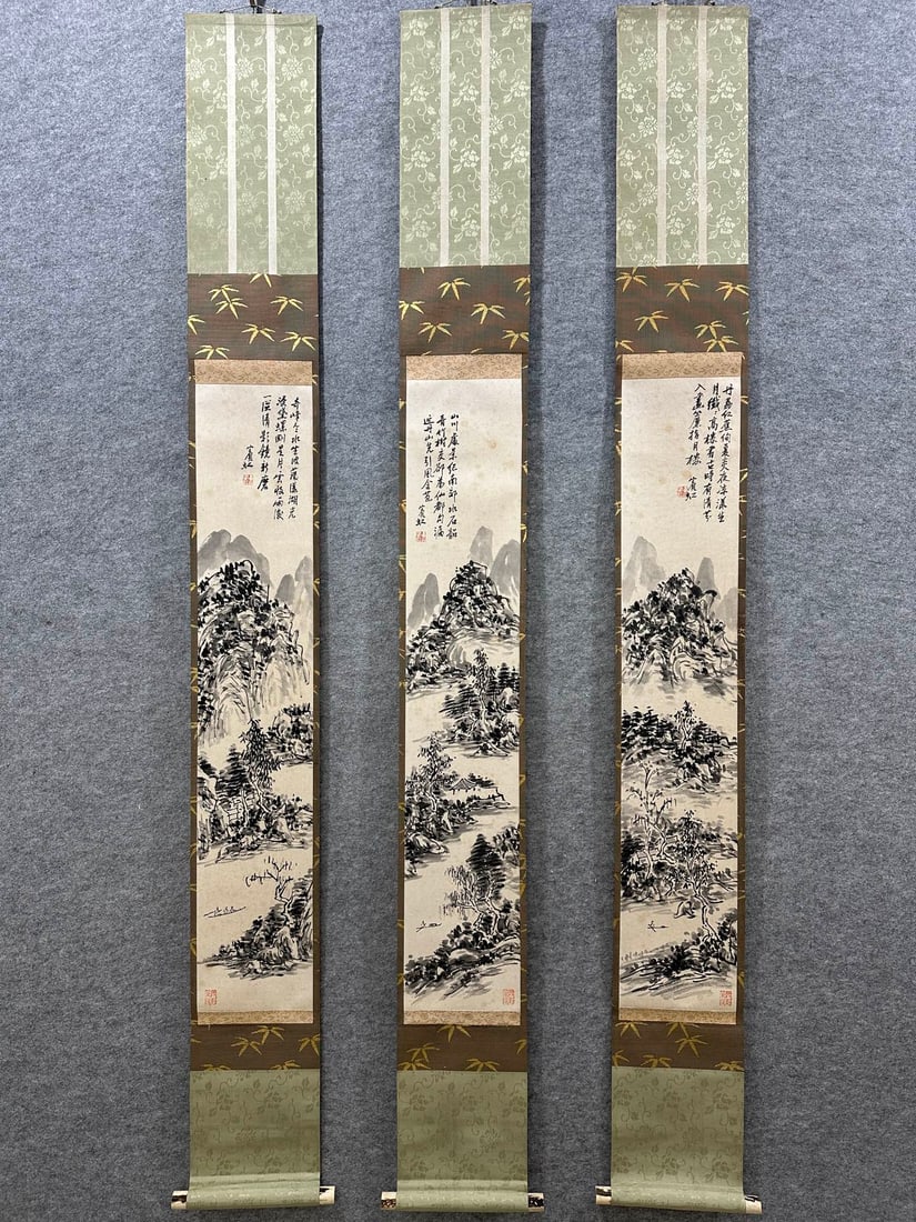 ThreeScreen Paper Landscape Scroll by Huang Binhong: ThreeScreen Paper Landscape Scroll by Huang BinhongPainting core: H 93 cm, W 17 cm