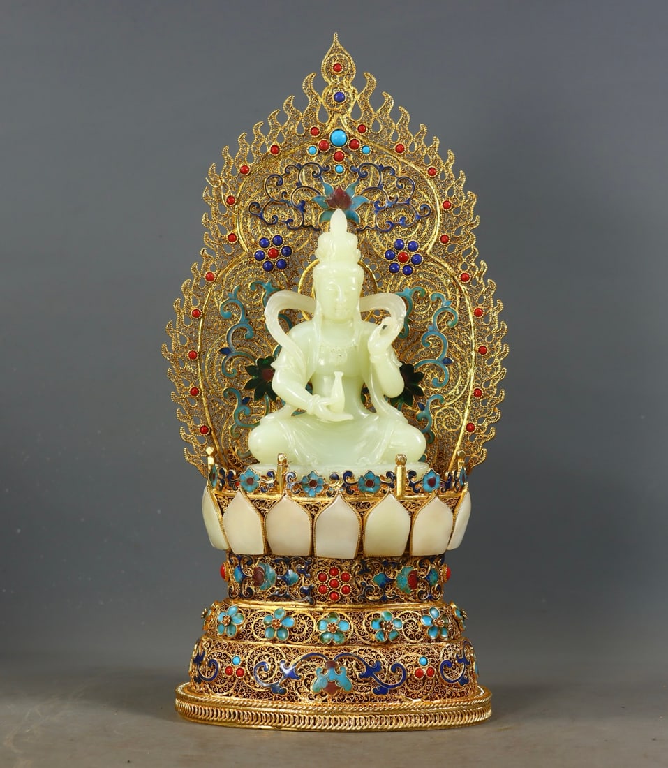 Filigree Gilt Buddha Statue Inlaid with Hetian Jade: Filigree Gilt Buddha Statue Inlaid with Hetian JadeH 34 cm, L 16.5 cm, W 10 cm