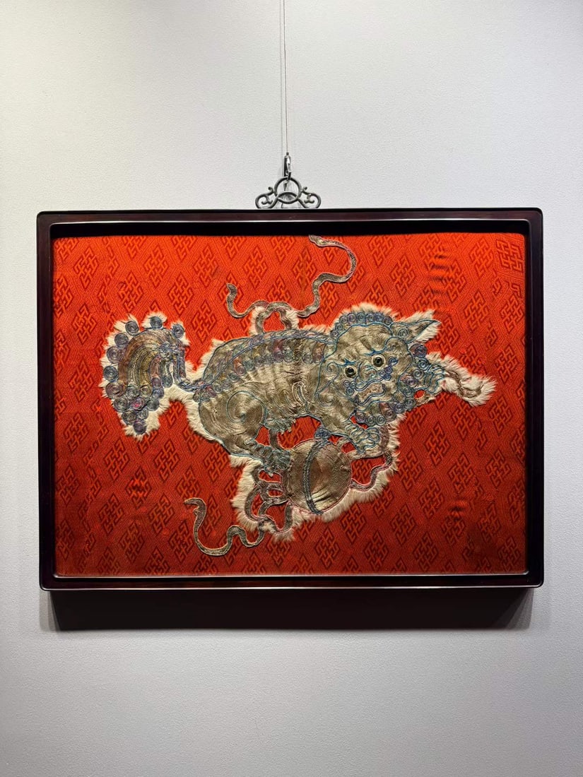 Late Qing GoldThread Embroidery Panel: Lions Playing with Balls: Late Qing GoldThread Embroidery Panel: Lions Playing with BallsL 70 cm, W 53 cm