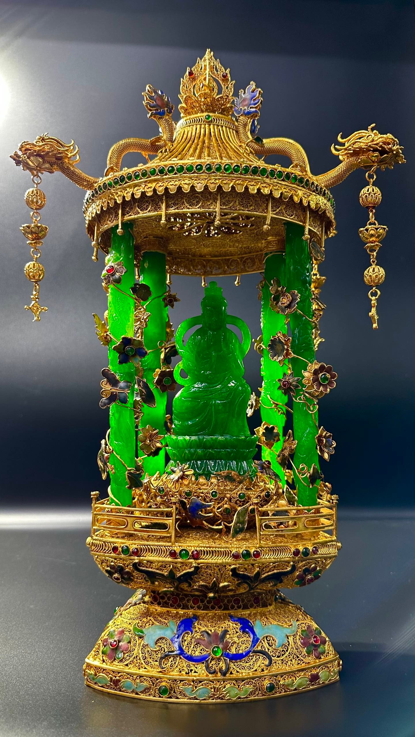 Gilt Filigree EmeraldInlaid Miniature Guanyin Pavilion: Gilt Filigree EmeraldInlaid Miniature Guanyin PavilionH 39 cm, W 25 cm