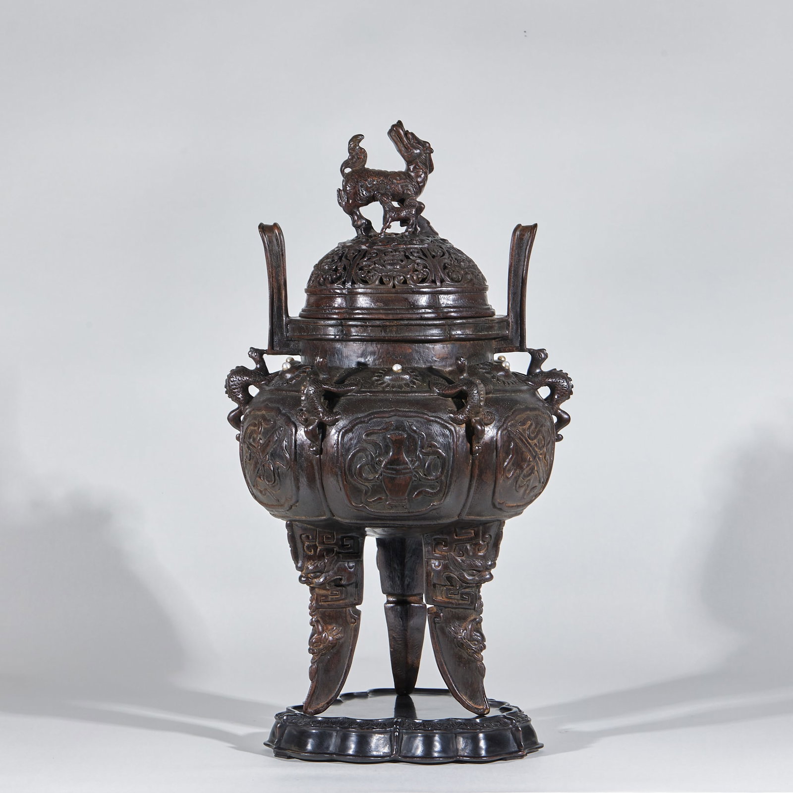 Agarwood Qilin Incense Burner with Eight Treasures Patterns: Agarwood Qilin Incense Burner with Eight Treasures PatternsH 51 cm, Diam. 25 cm