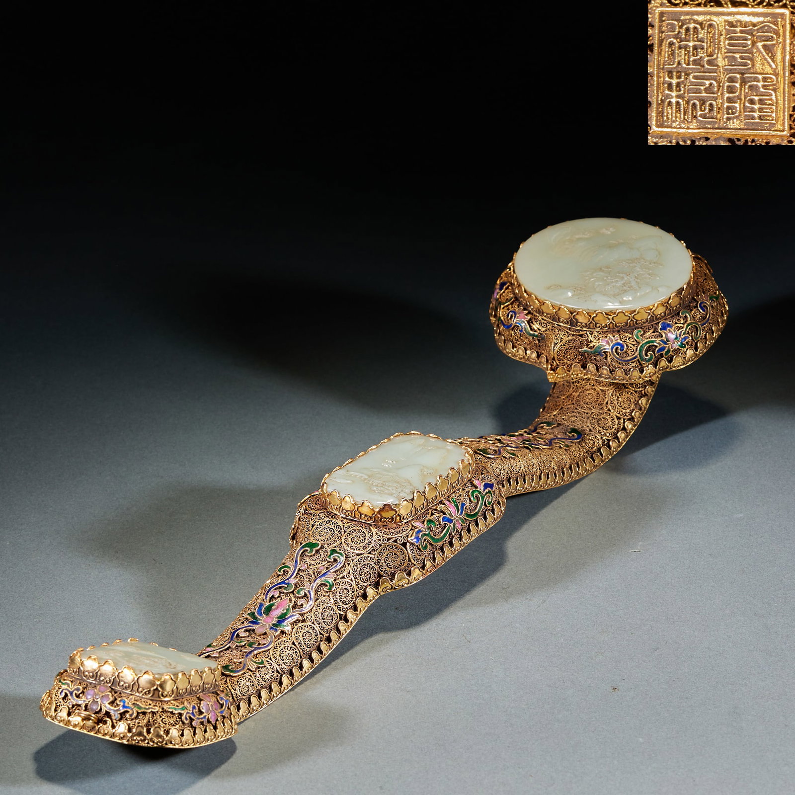 Gilt Bronze Ruyi Scepter with Inlaid Jade Landscapes: Gilt Bronze Ruyi Scepter with Inlaid Jade LandscapesL 46 cm, W 11 cm