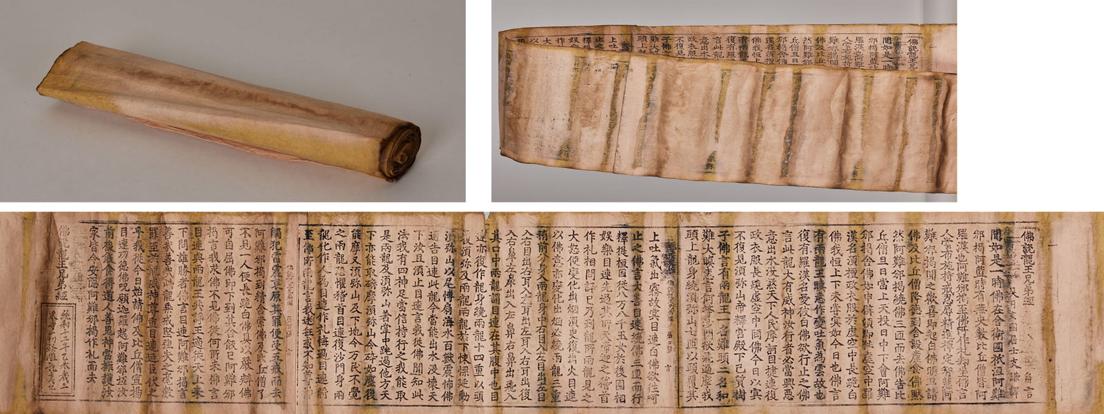 The Sutra of the Dragon King and His Brothers, Oxhide Manuscript, Thirteenth Year of Tonghe Reign: The Sutra of the Dragon King and His Brothers, Oxhide Manuscript, Thirteenth Year of Tonghe ReignL 160 cm, W 26 cm