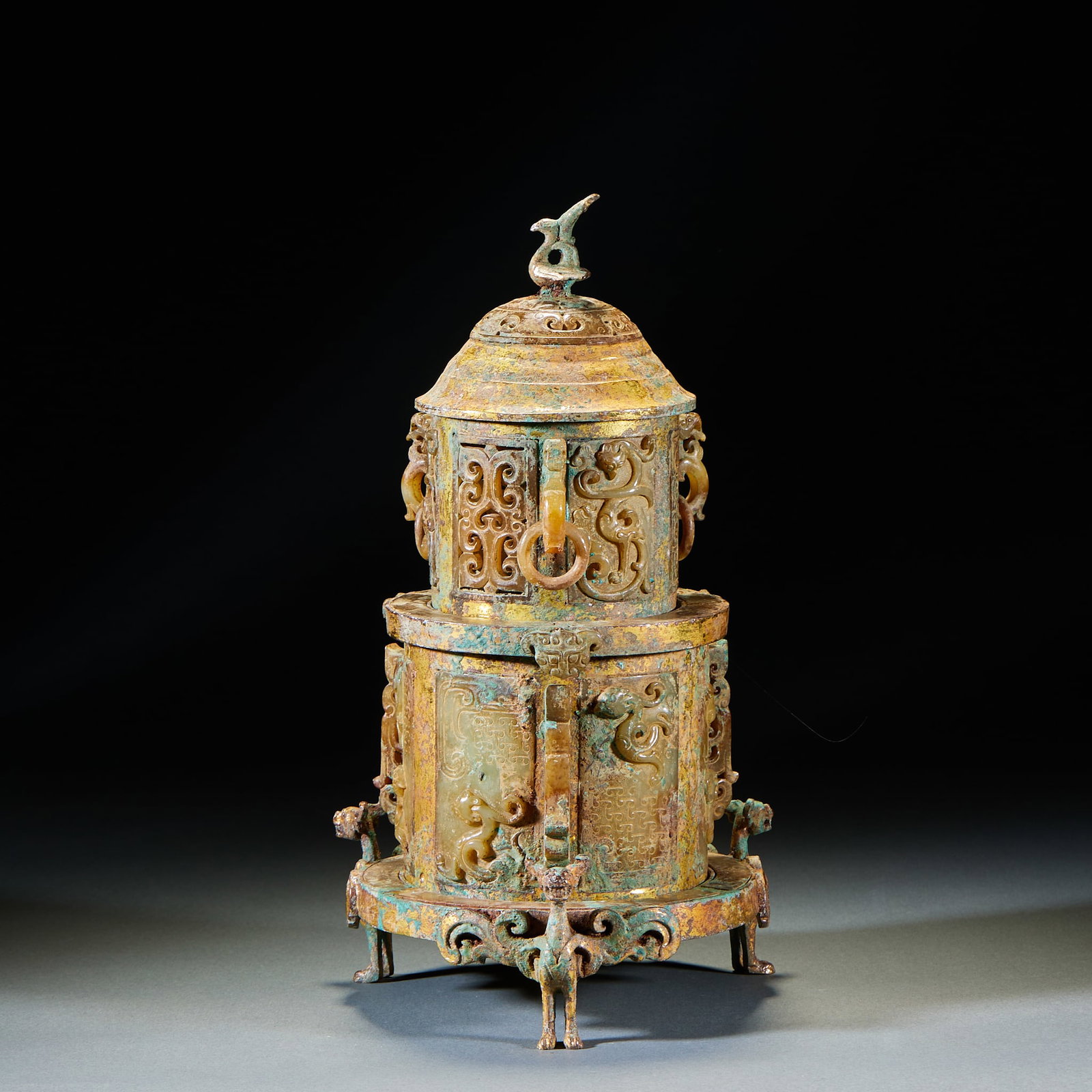 Gilt Bronze PhoenixHead Incense Burner Inlaid with Jade: Gilt Bronze PhoenixHead Incense Burner Inlaid with JadeH 28 cm, Diam. 15 cm