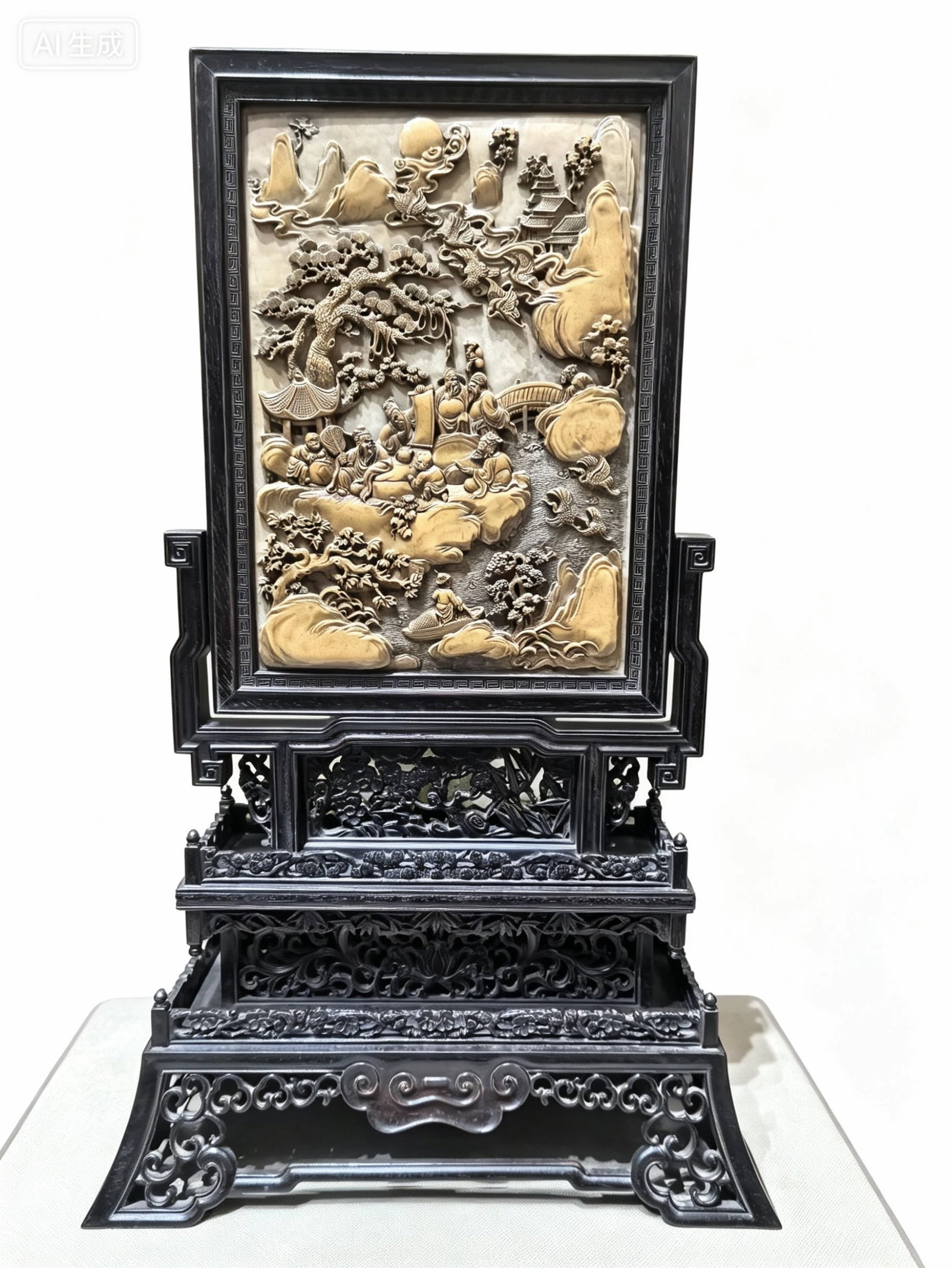 Sandalwood Table Screen Inlaid with Shoushan Stone Panels of Scholars by West Lake: Sandalwood Table Screen Inlaid with Shoushan Stone Panels of Scholars by West LakeH 57 cm, L 4 cm