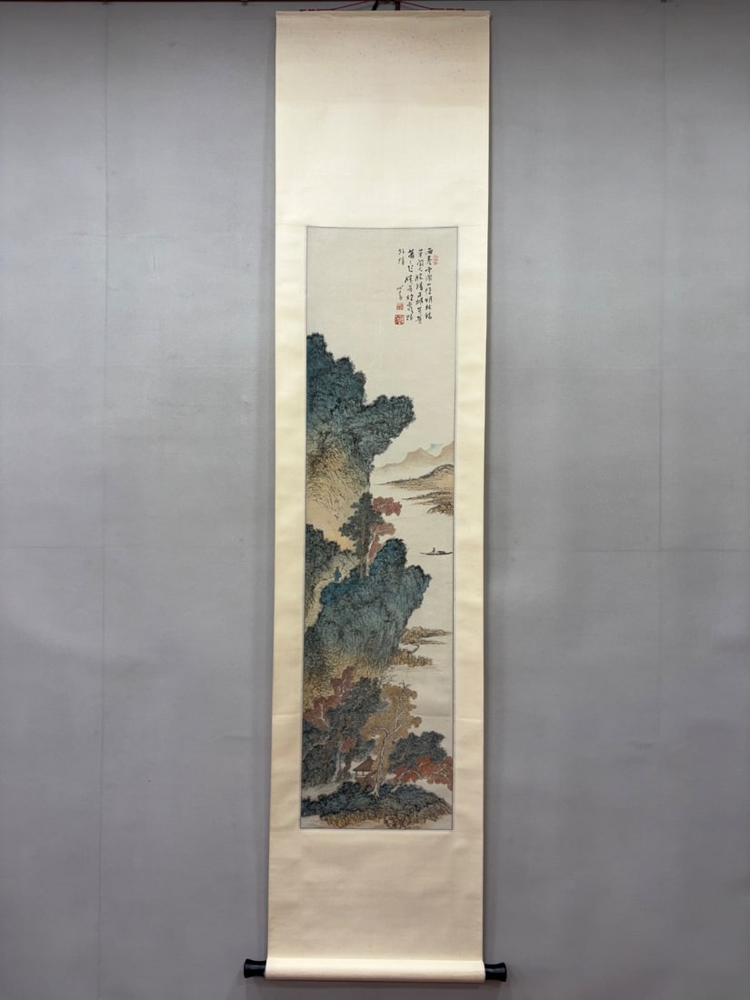 Vertical Paper Scroll Landscape & Figures by Pu Ru: Vertical Paper Scroll Landscape & Figures by Pu RuPainting core: H 130 cm, W 31 cm